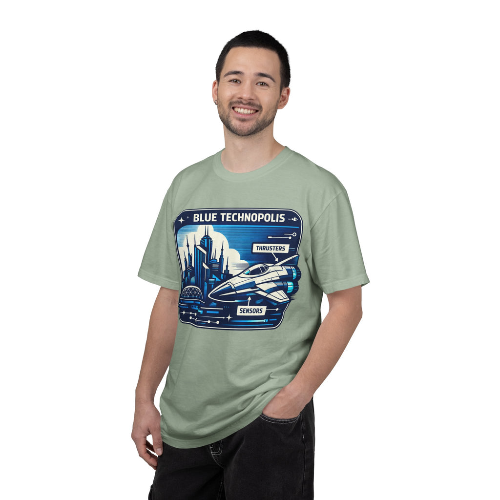Power Runs Black PRB Technopolis Spacecraft T-Shirt — Blue Technopolis Retro Sci‑Fi Tee by Printify