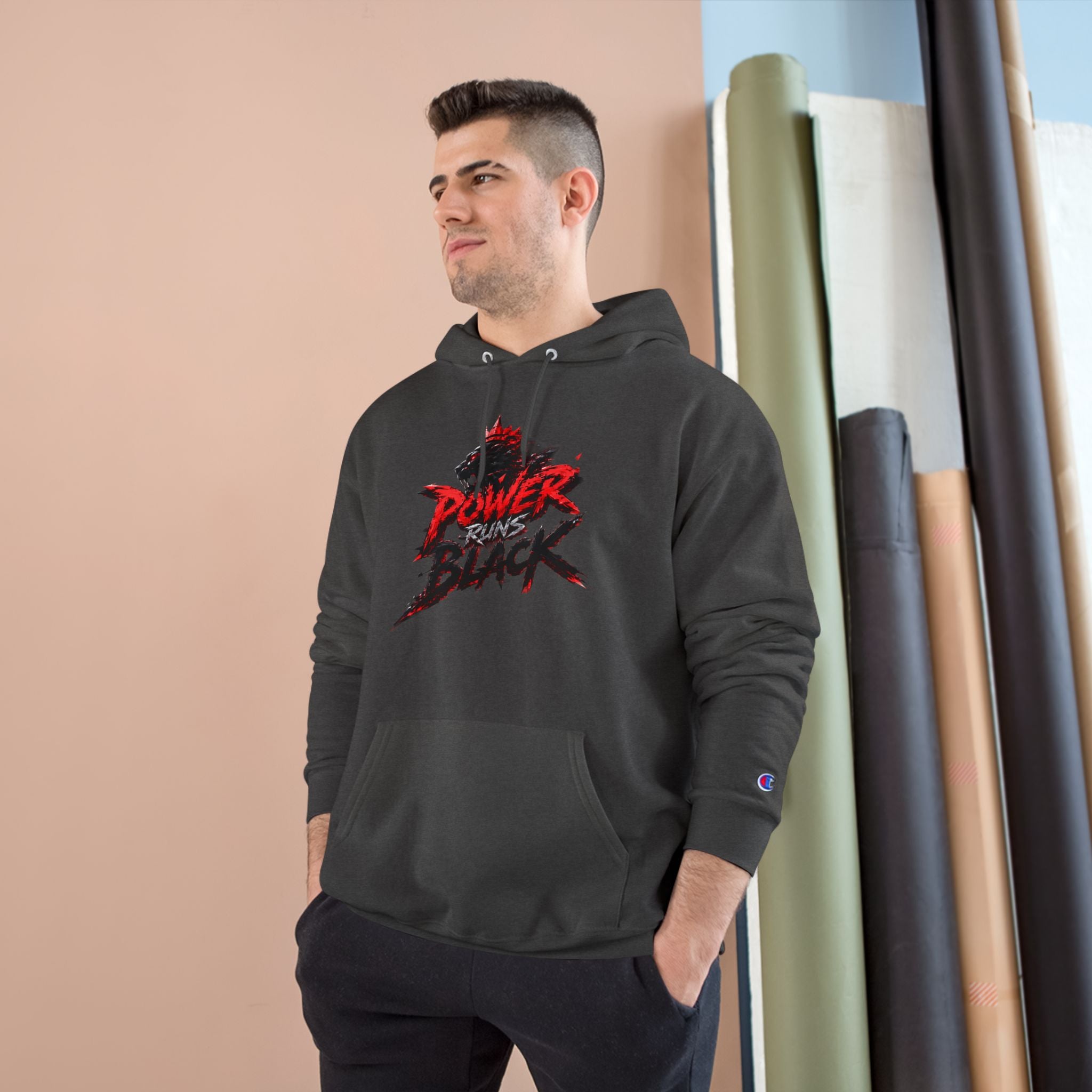 Power Runs Black logo hoodie | Flame crest design by Power Runs Black