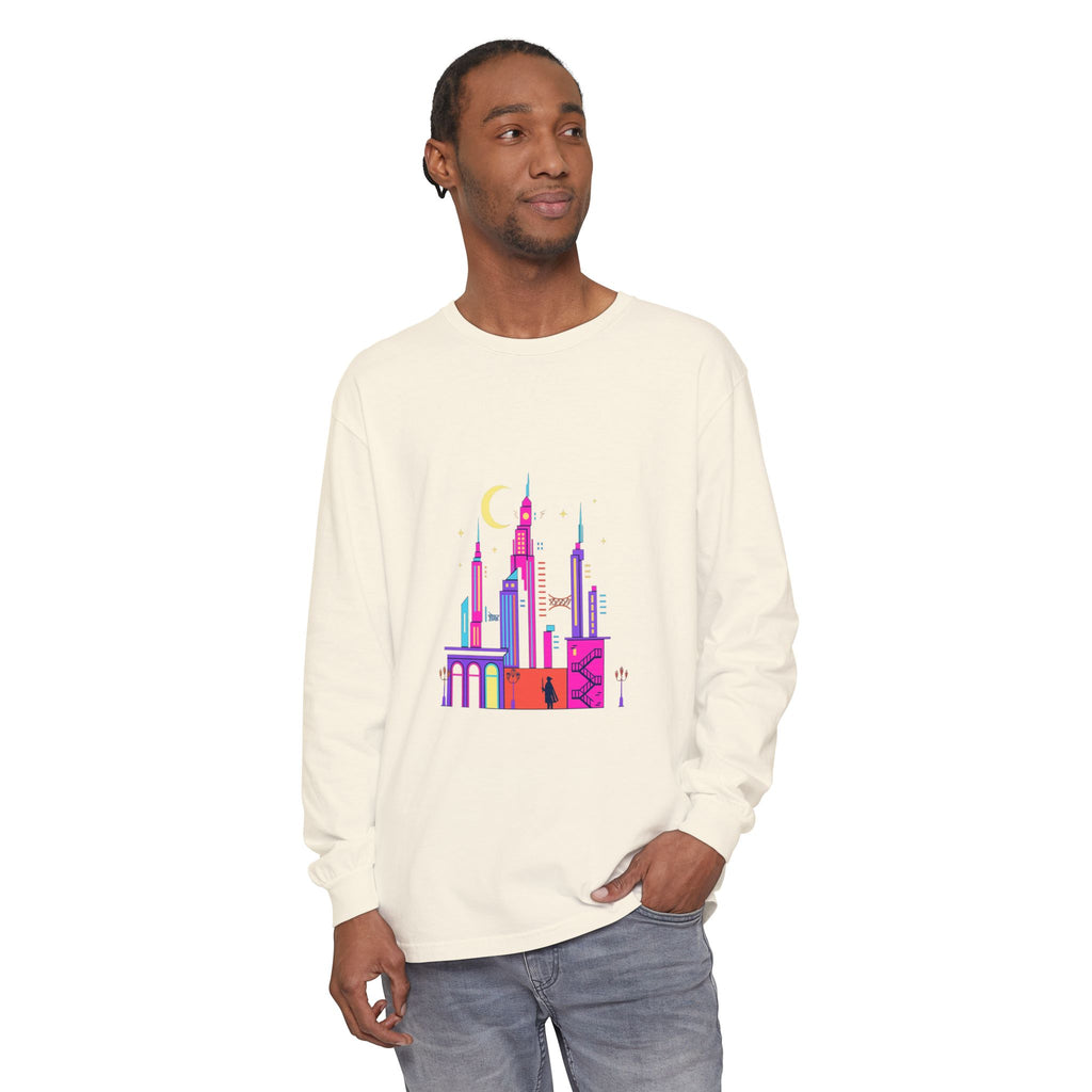 PRB Neon City Skyline Long Sleeve Shirt | Urban Nightscape Illustration by Power Runs Black