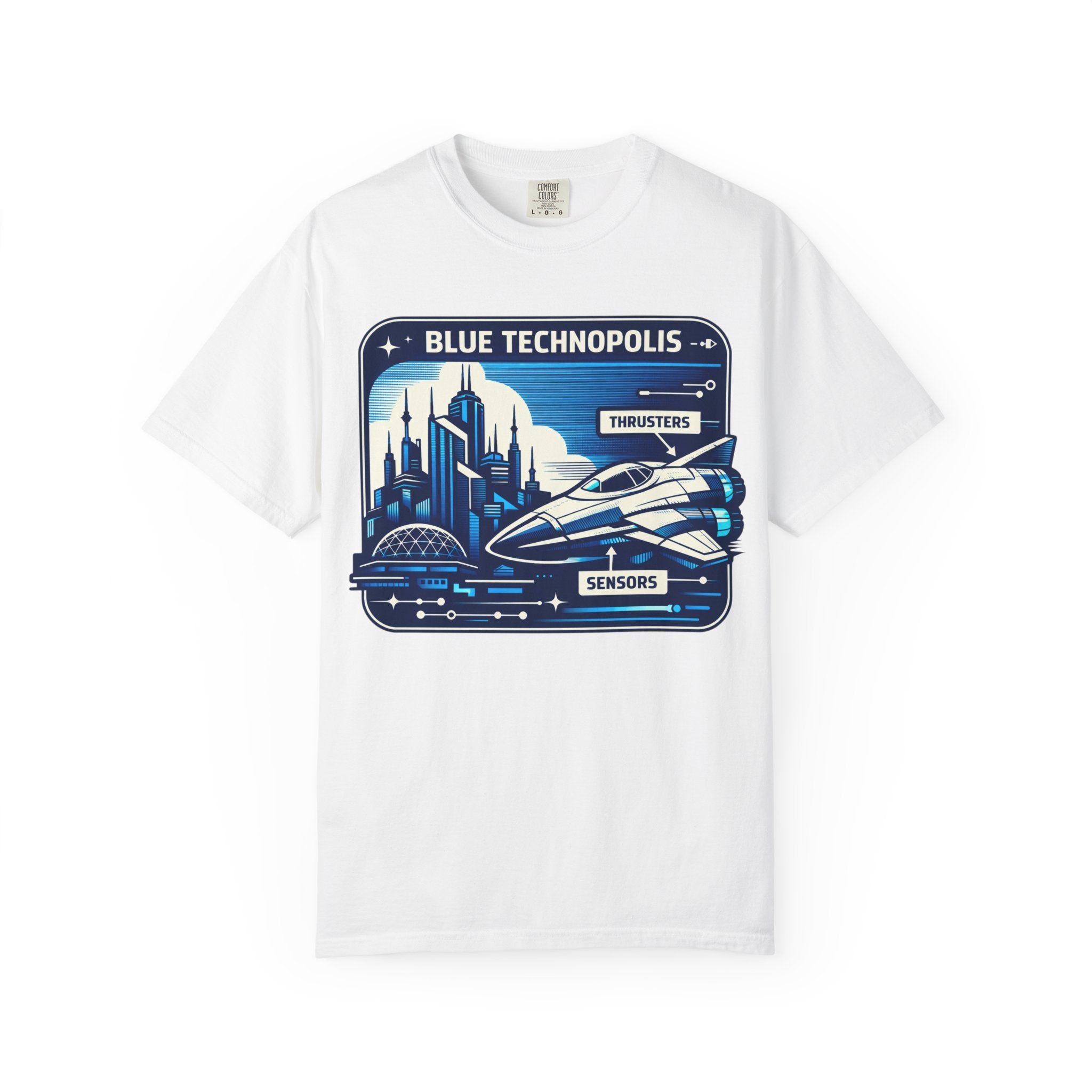 Power Runs Black PRB Technopolis Spacecraft T-Shirt — Blue Technopolis Retro Sci‑Fi Tee by Printify