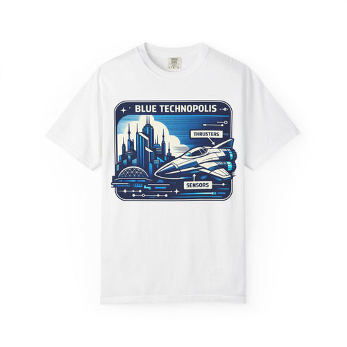 Power Runs Black PRB Technopolis Spacecraft T-Shirt — Blue Technopolis Retro Sci‑Fi Tee by Printify
