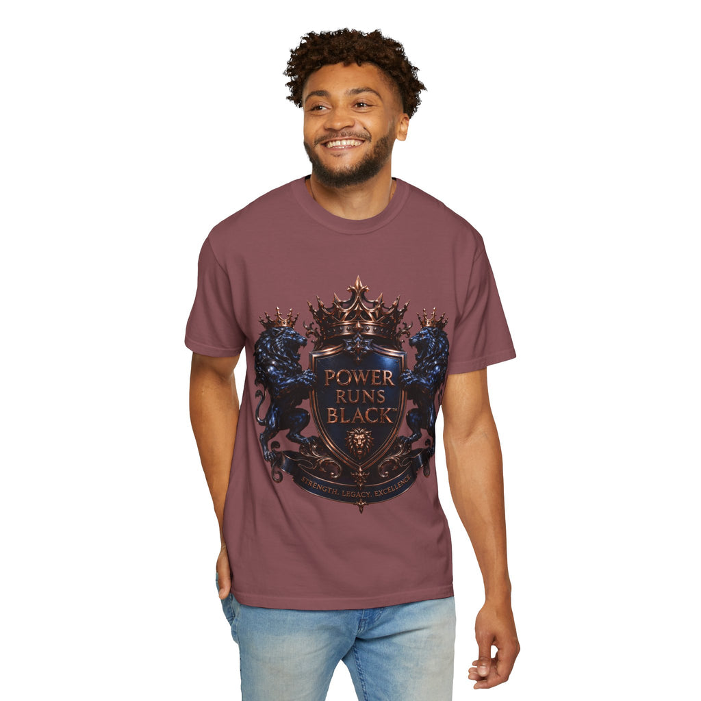 Power Runs Black Crest T-shirt | Heraldic Lion Shield Tee by Power Runs Black