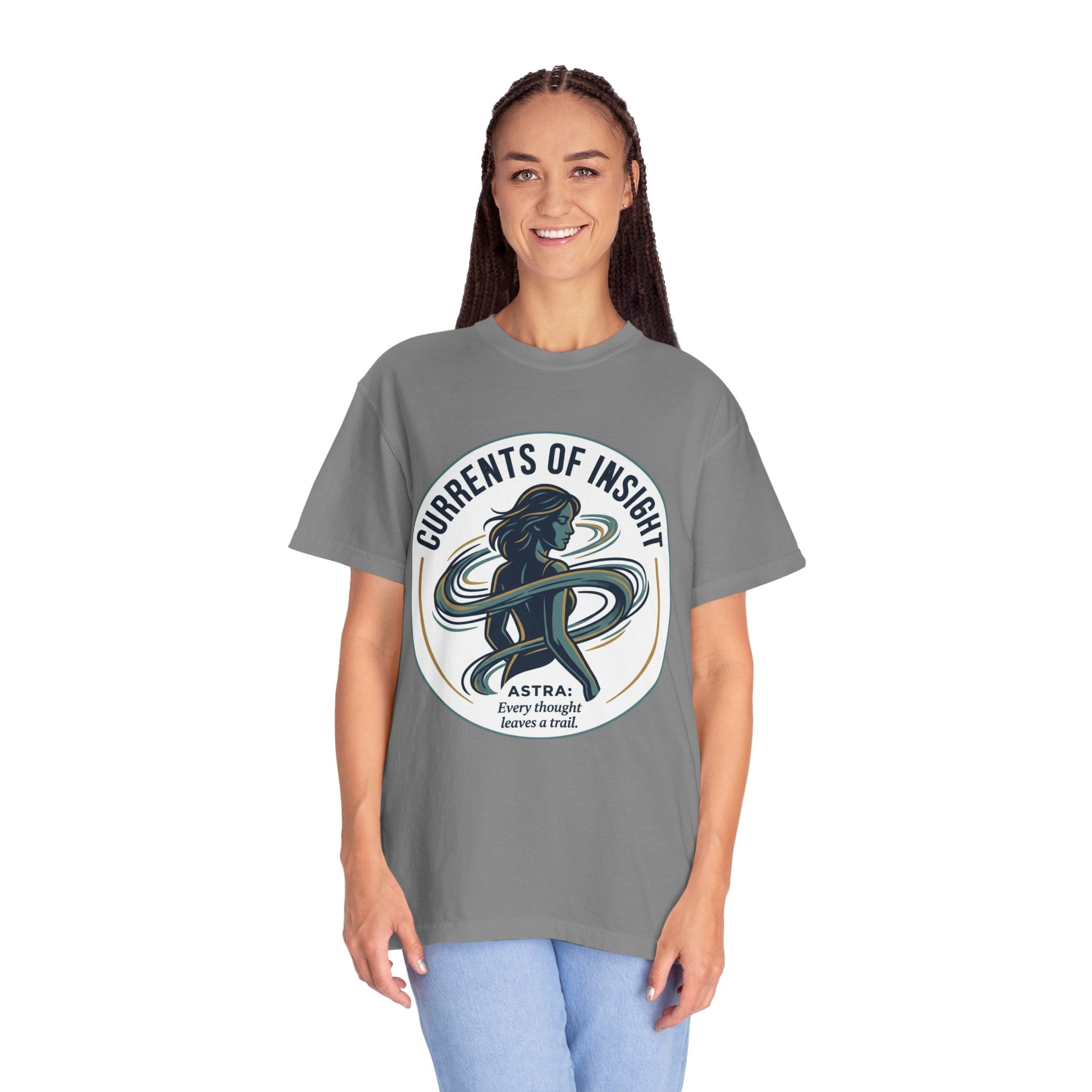Power Runs Black Currents of Insight T-Shirt — 'Astra: Every thought leaves a trail' Graphic Tee by Power Runs Black