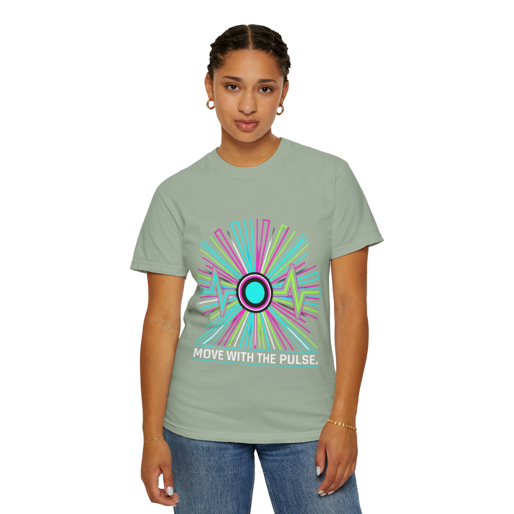 Power Runs Black PRB Electric "Move With Pulse" Graphic T-Shirt — Neon Sunburst Design by Power Runs Black