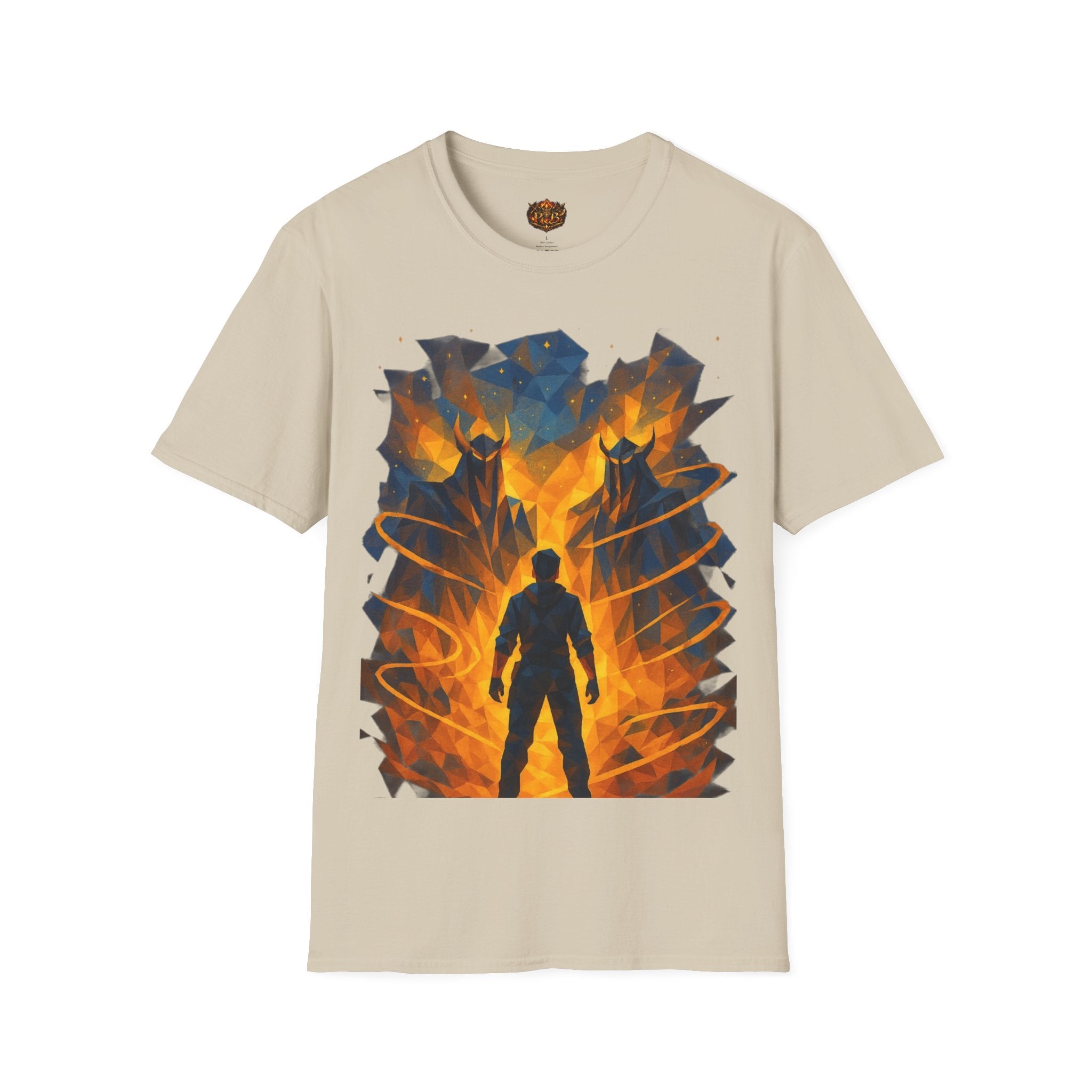 PRB Flame Silhouette Warrior T-Shirt | Fiery Geometric Backdrop by Power Runs Black