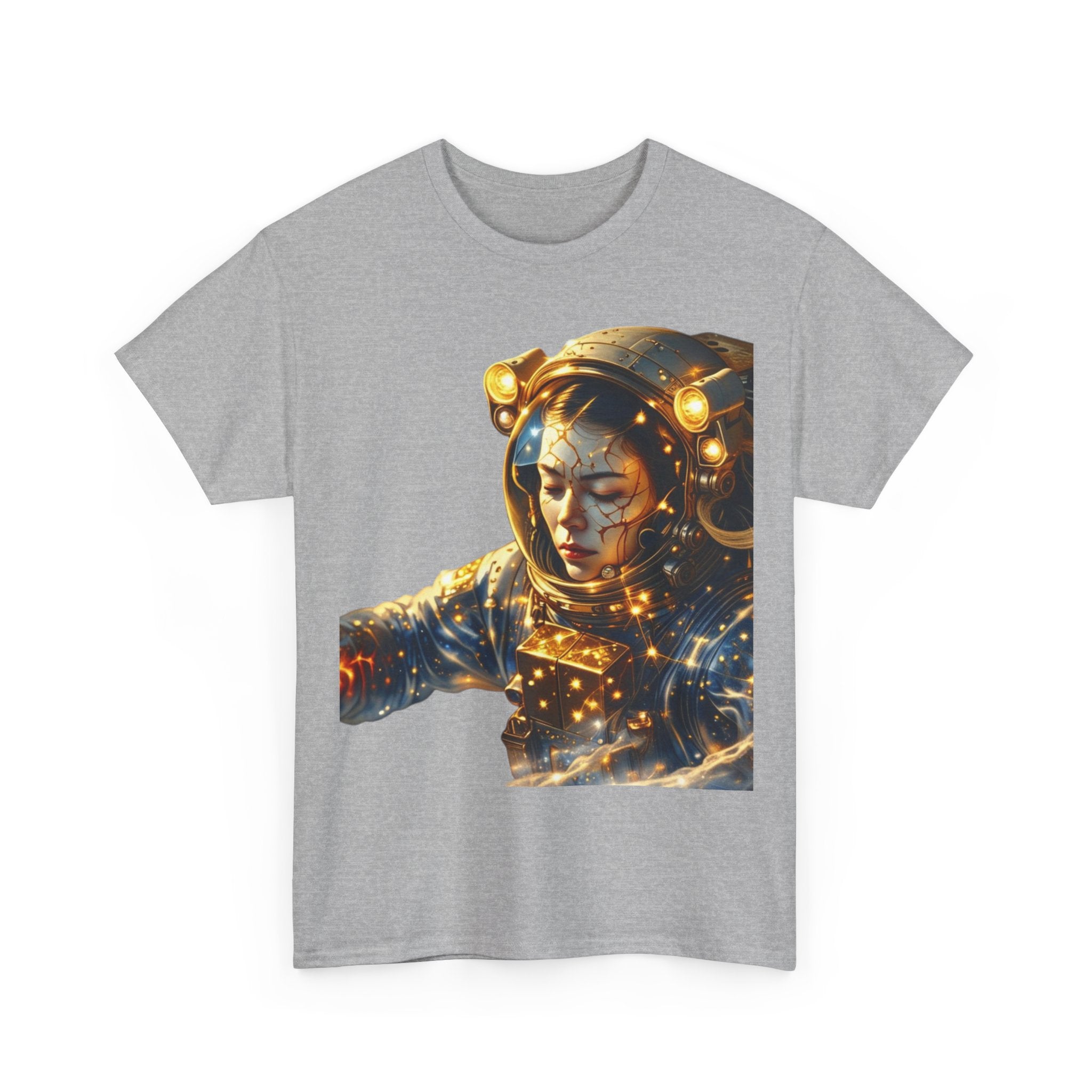 PRB Golden Astronaut Portrait T-Shirt | Space Helmet Art, Cosmic Lights by Power Runs Black