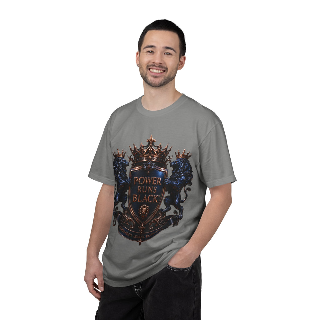Power Runs Black Crest T-shirt | Heraldic Lion Shield Tee by Power Runs Black