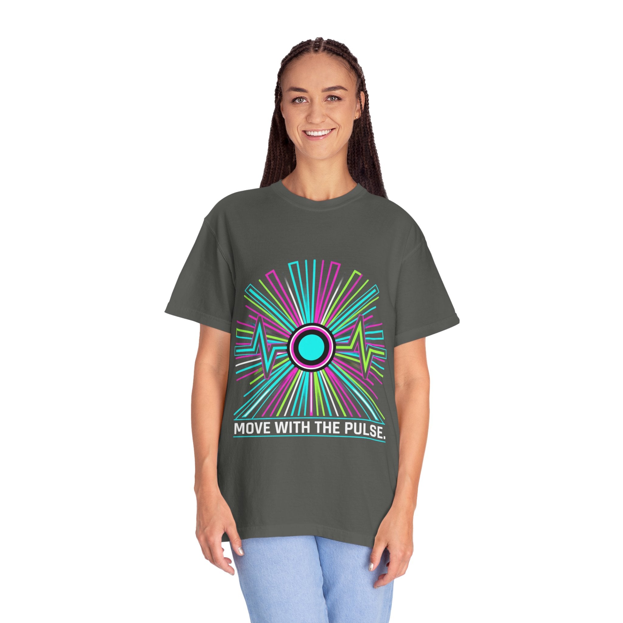 Power Runs Black PRB Electric "Move With Pulse" Graphic T-Shirt — Neon Sunburst Design by Power Runs Black