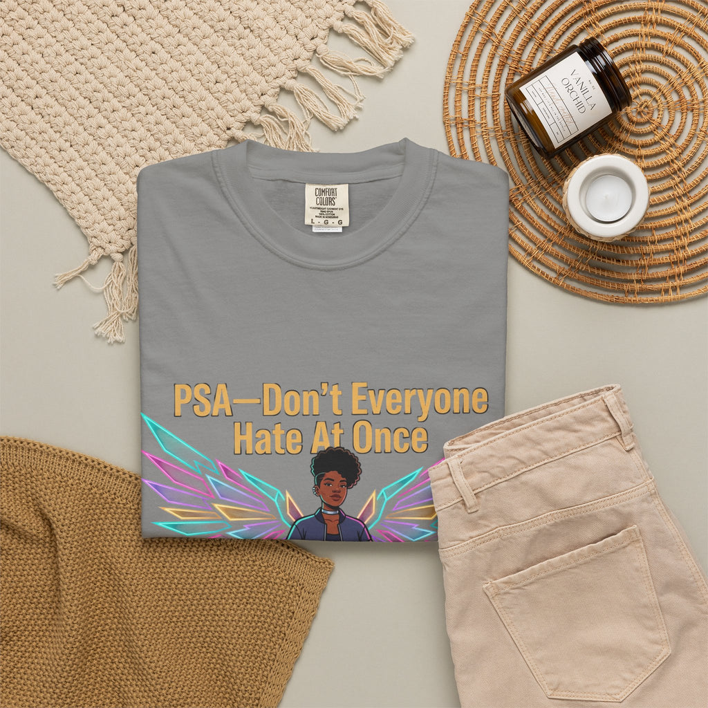 T-Shirt — PSA “Don't Everyone Hate At Once” Angel Wings Graphic Tee by Printify
