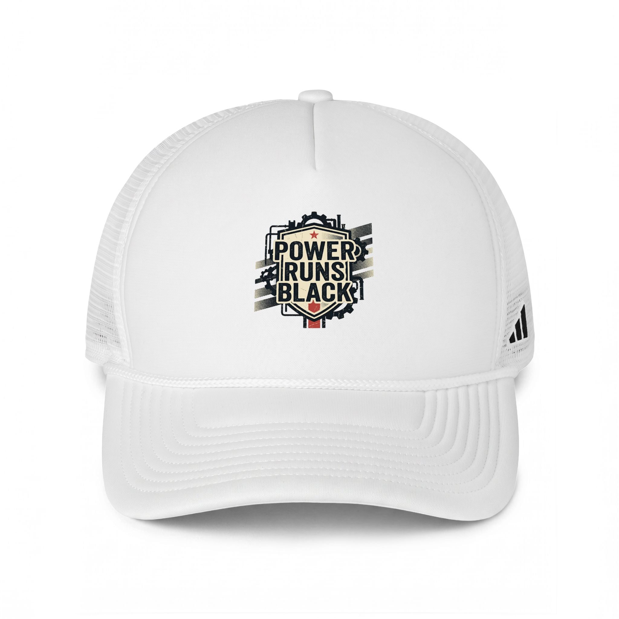 Power Runs Black Trucker Cap — "Power Runs Black" Vintage Adidas Patch Mesh Hat by Power Runs Black
