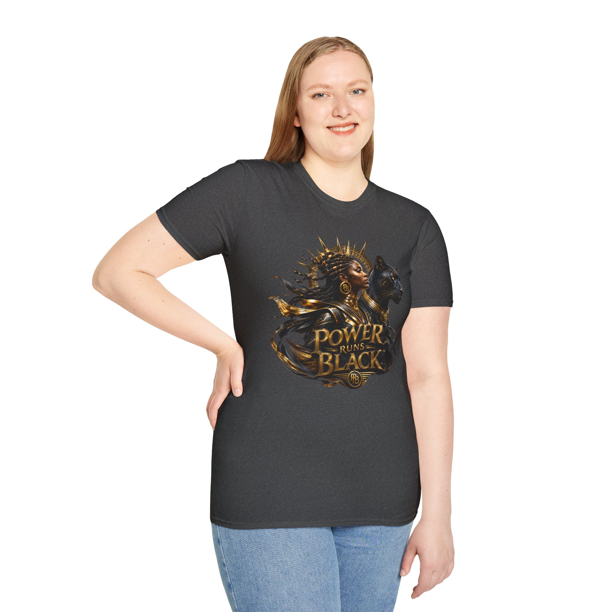 Power Runs Black PRB | Black Woman Portrait, Gold Accents Panther Graphics T by Printify