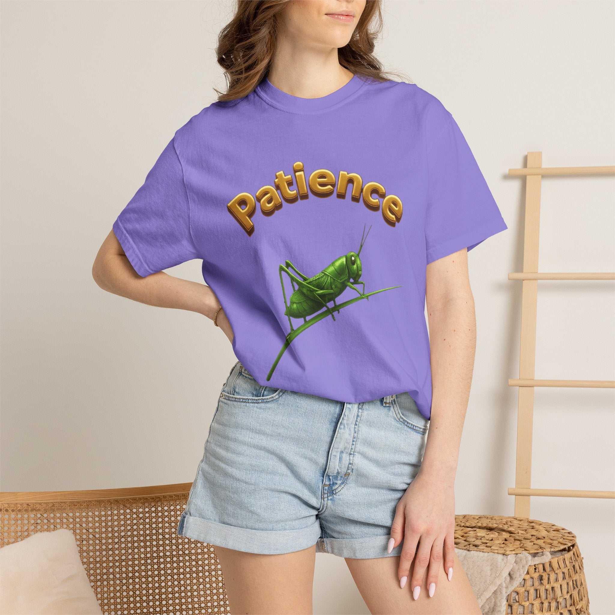 PRB Patience Grasshopper T-shirt | Green Grasshopper Illustration, Positive Quote by Power Runs Black