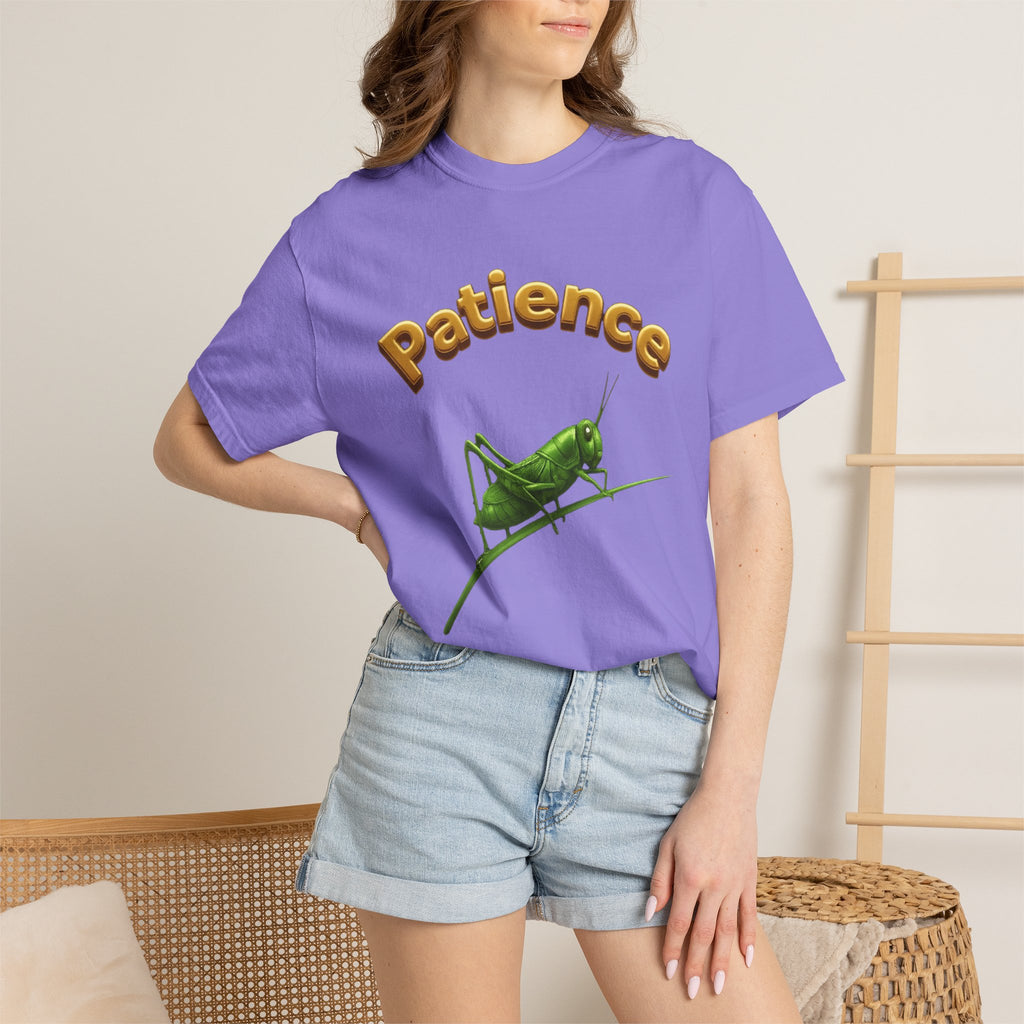 PRB Patience Grasshopper T-shirt | Green Grasshopper Illustration, Positive Quote by Printify