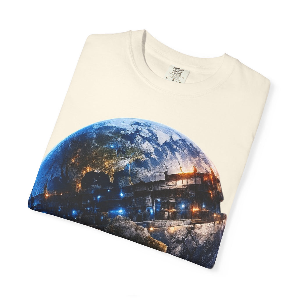 PRB Cityscape Globe T-shirt | Nighttime Earth Illustration, Urban Lights by Power Runs Black