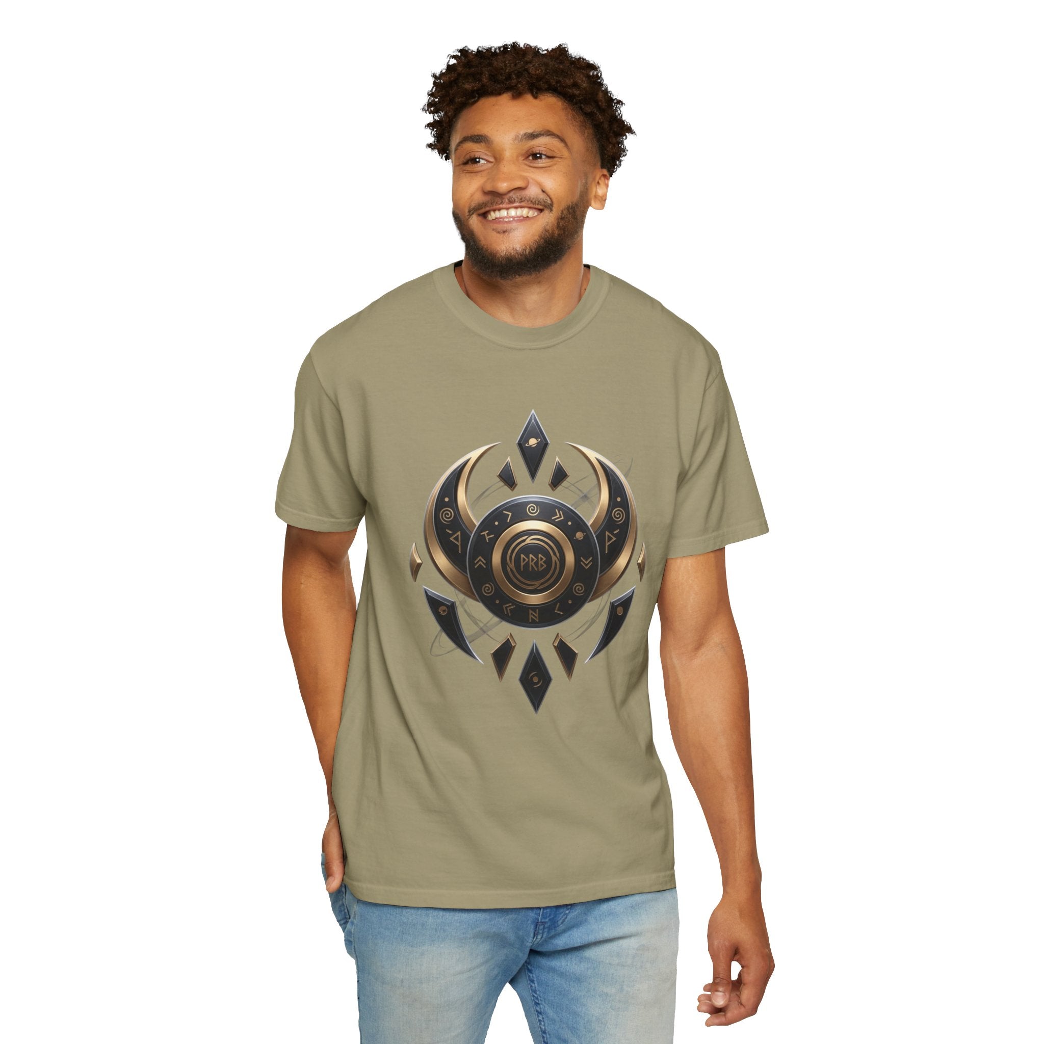 Power Runs Black Mystic Compass Disc T-Shirt — Geometric Gold & Black Emblem Tee by Printify