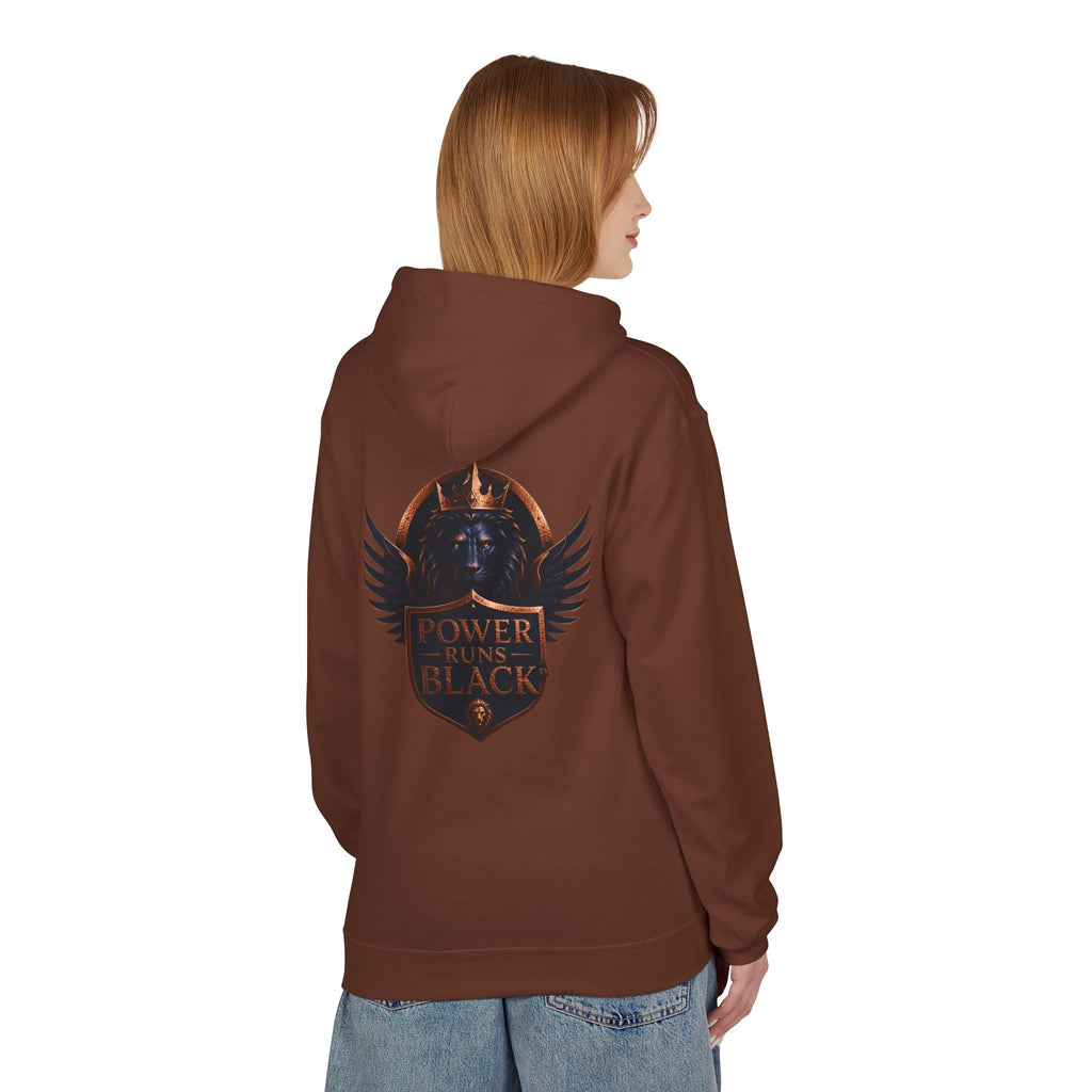 Power Runs Black crest hoodie | medieval shield with lions and wings by Power Runs Black