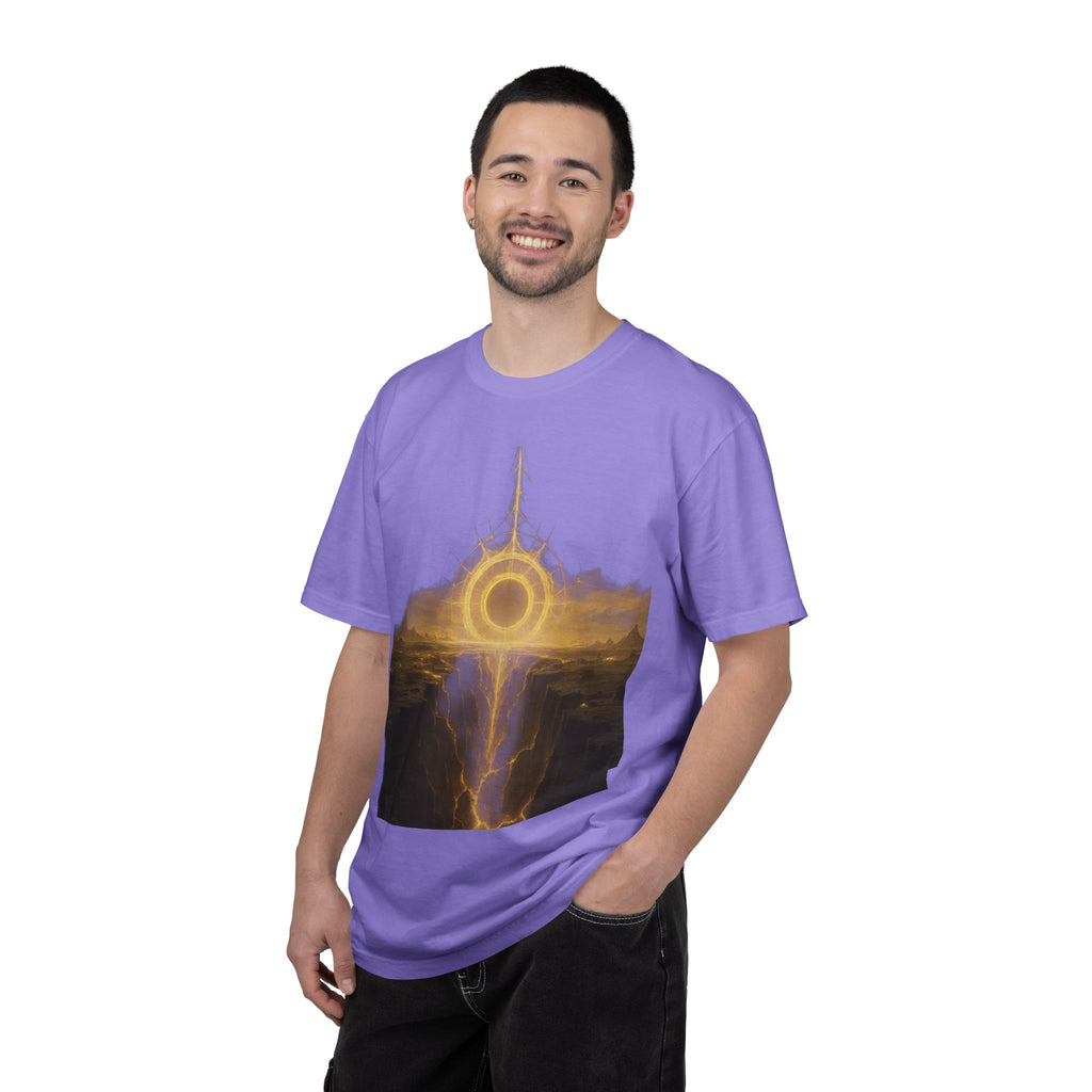 Power Runs Black PRB Golden Eclipse Portal T-shirt | Fantasy Landscape, Mystic Ring, Tower Art by Power Runs Black