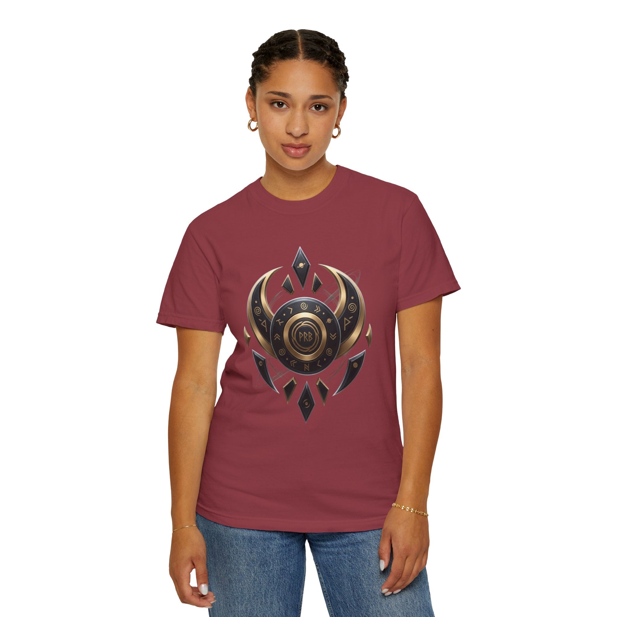 Power Runs Black Mystic Compass Disc T-Shirt — Geometric Gold & Black Emblem Tee by Printify