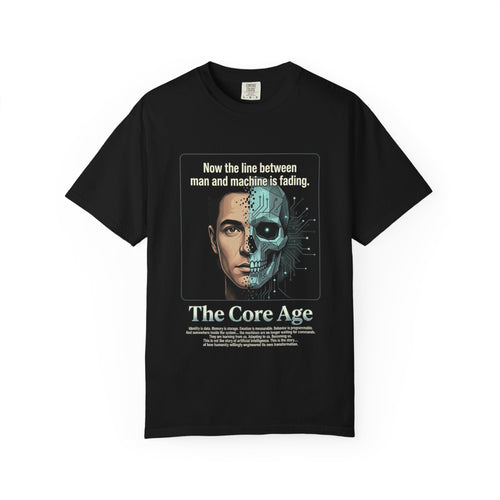 Power Runs Black AI Fusion Graphic T-Shirt — "The Core Age" Split Face Design by Power Runs Black
