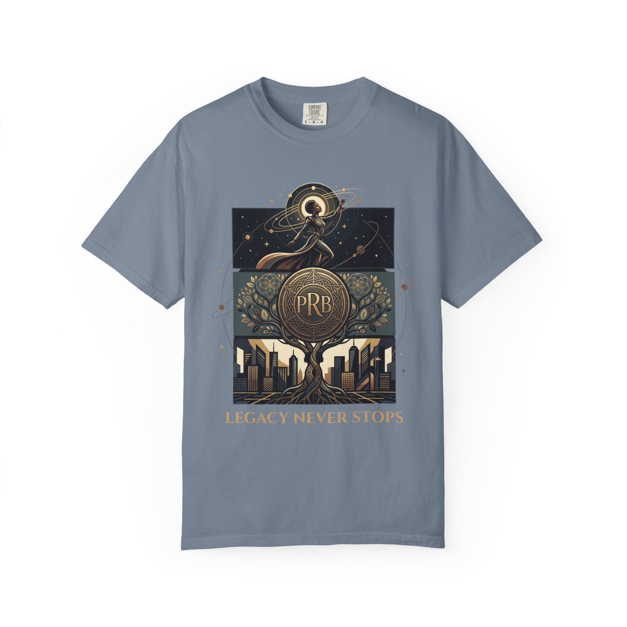 PRB Legacy Never Stops Graphic T-Shirt | Art Deco City Skyline Tee by Printify