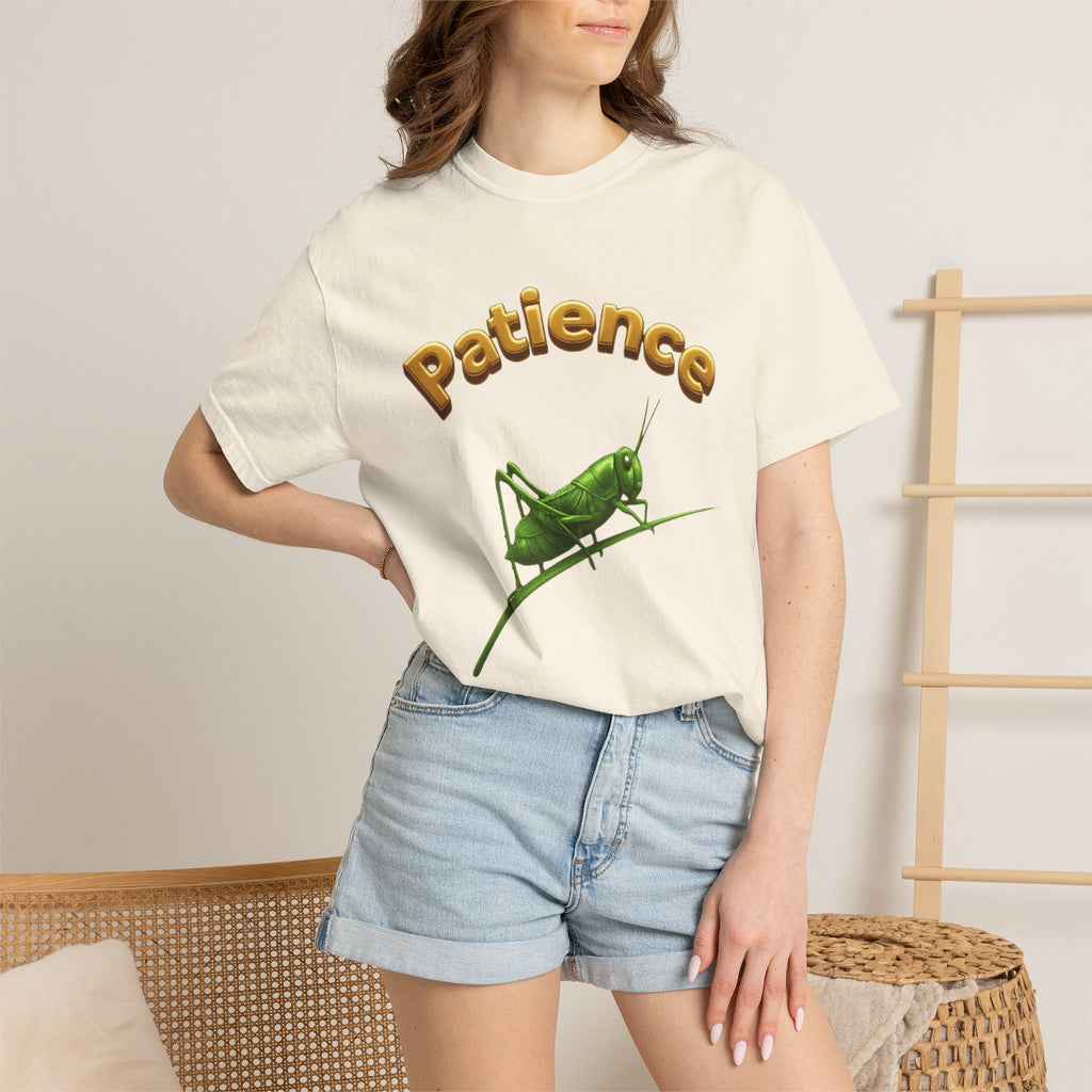 PRB Patience Grasshopper T-shirt | Green Grasshopper Illustration, Positive Quote by Printify