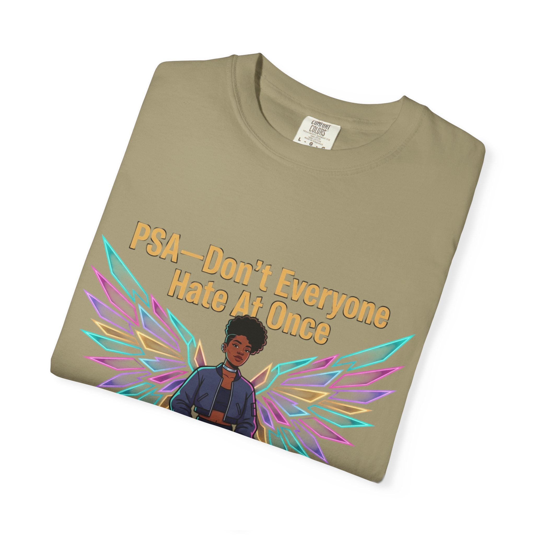 T-Shirt — PSA “Don't Everyone Hate At Once” Angel Wings Graphic Tee by Printify