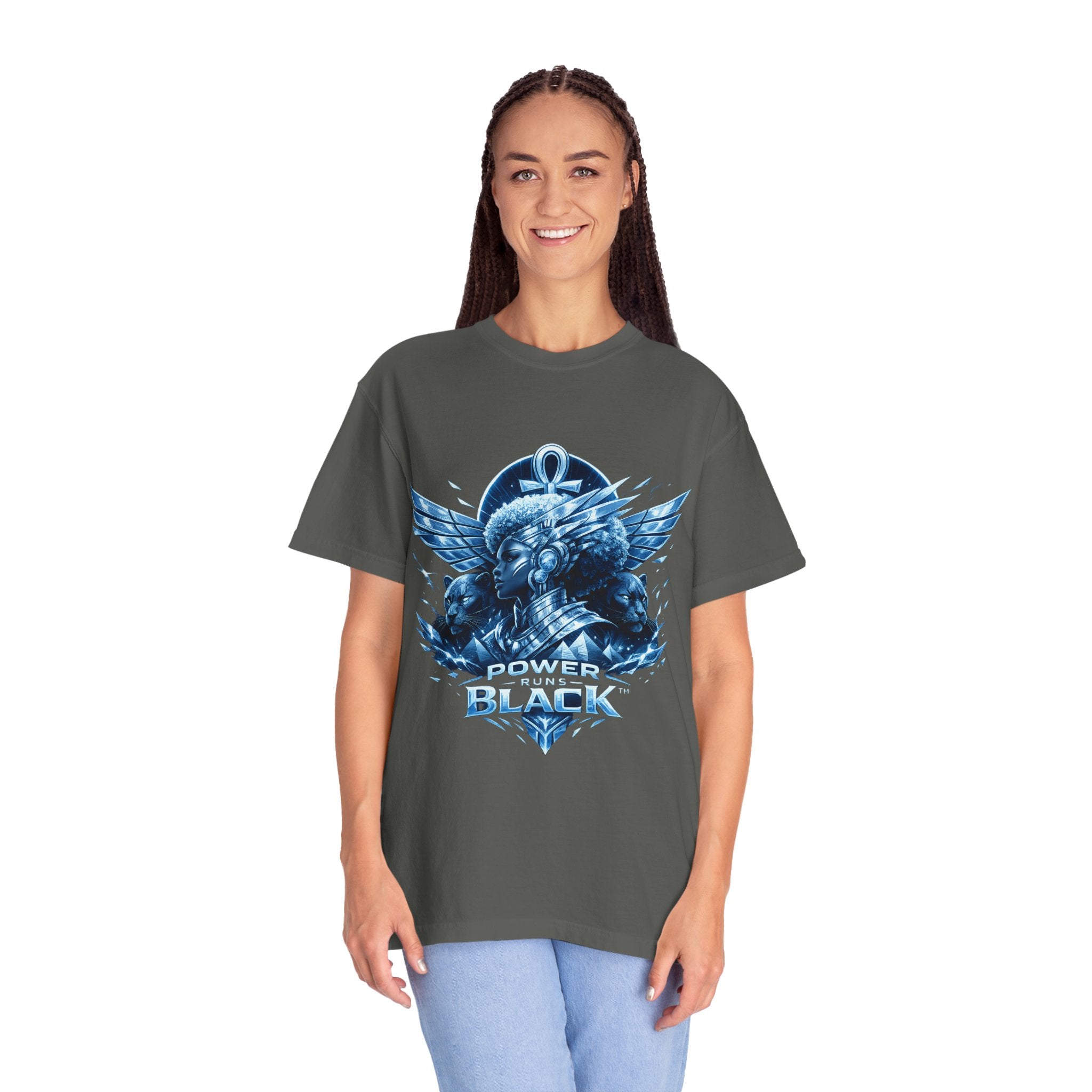Power of Black Graphic T-Shirt — Egyptian Ankh Warrior Design by Power Runs Black