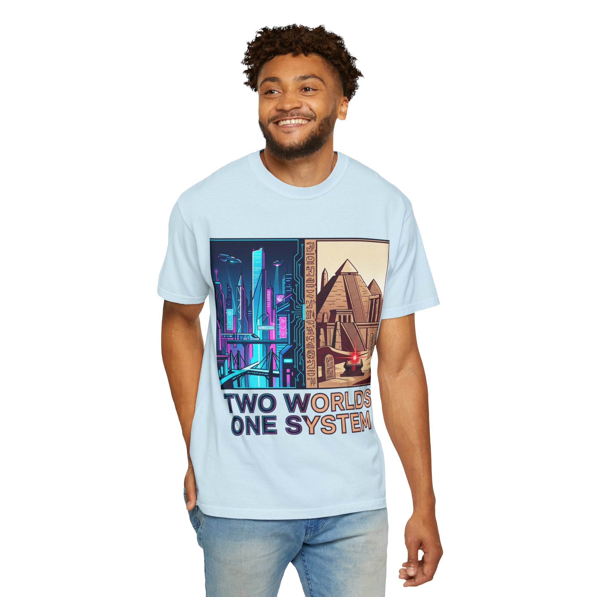 Power Runs Black PRB Blue Technopolis/ Red Dominion Two Worlds One System T-Shirt by Power Runs Black