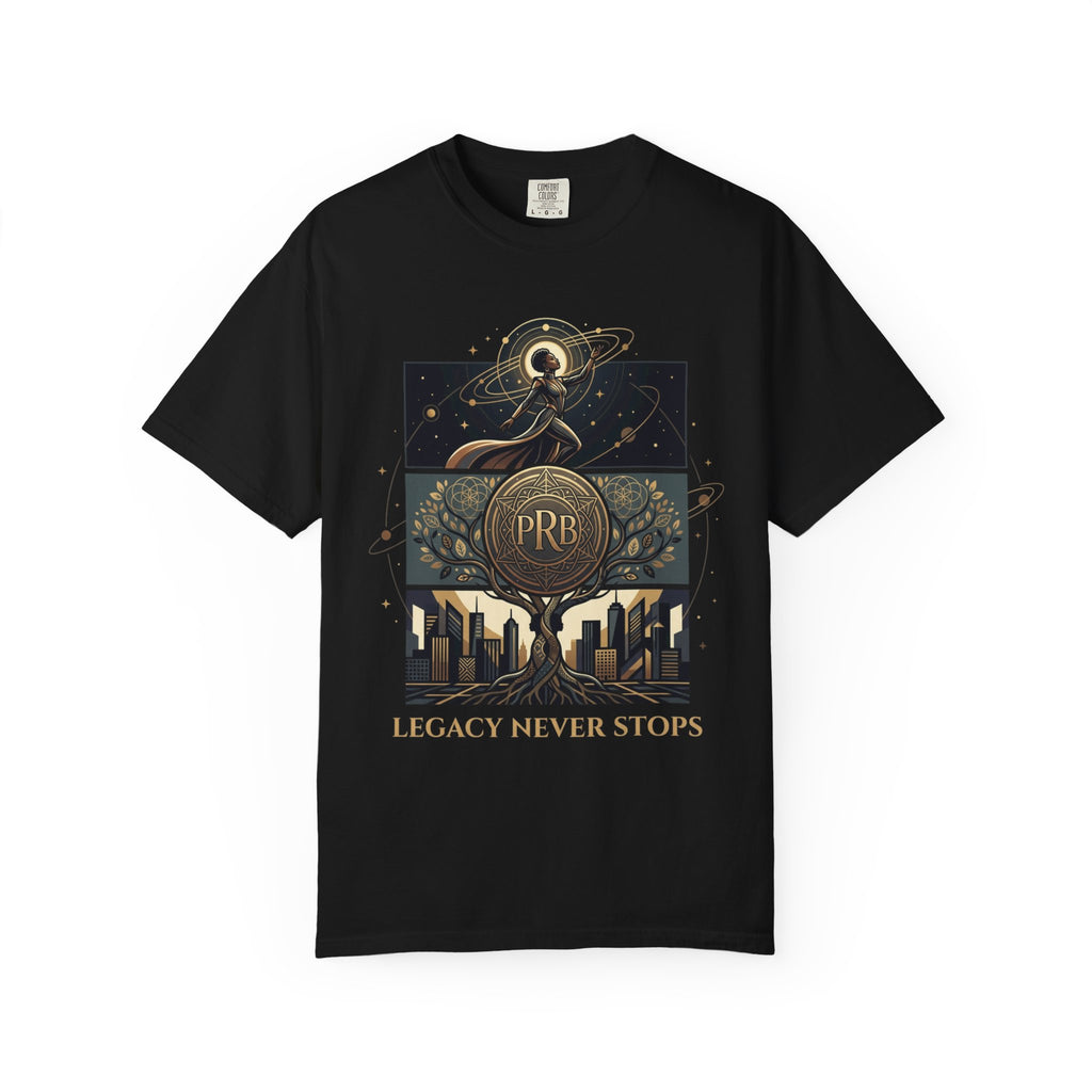 PRB Legacy Never Stops Graphic T-Shirt | Art Deco City Skyline Tee by Printify