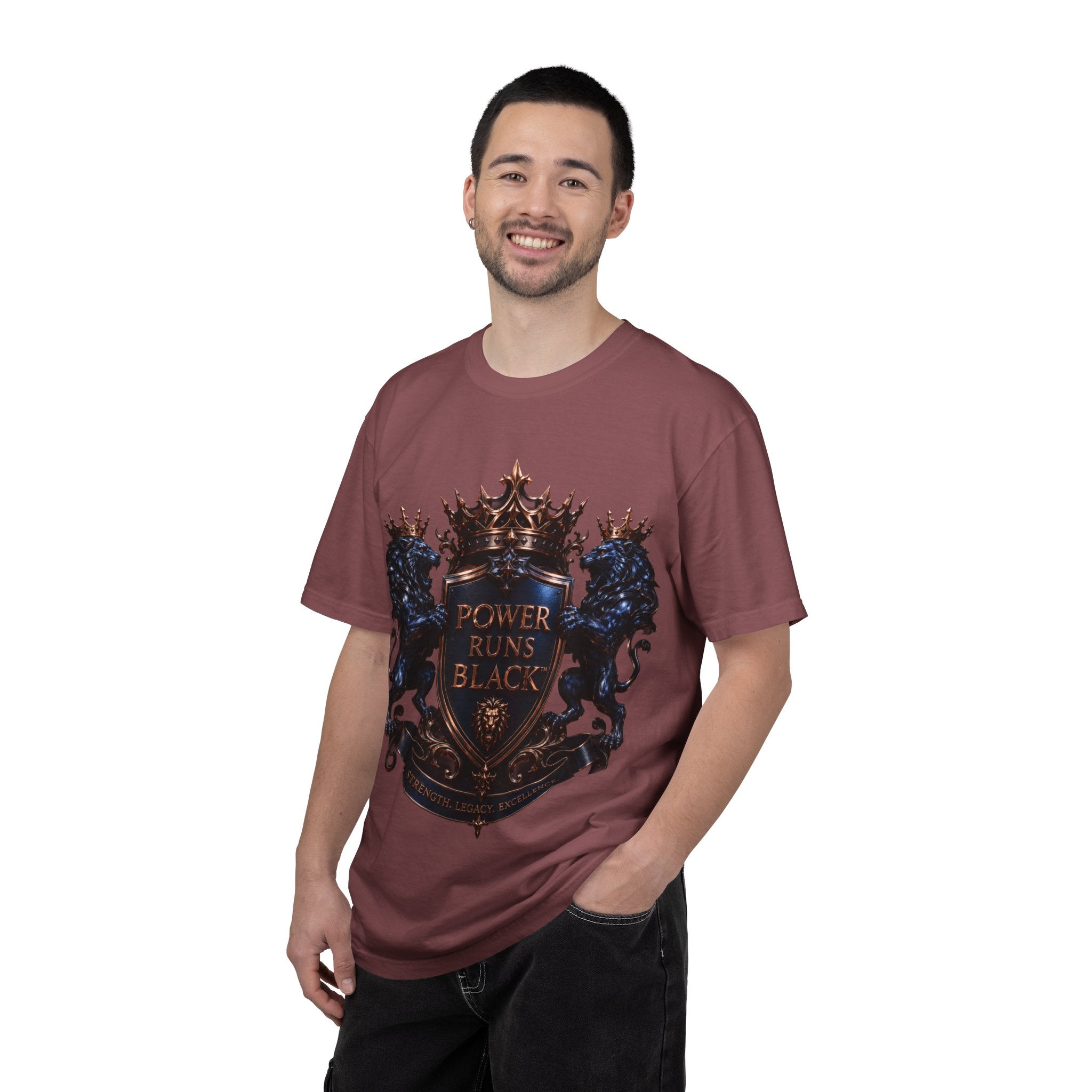 Power Runs Black Crest T-shirt | Heraldic Lion Shield Tee by Power Runs Black