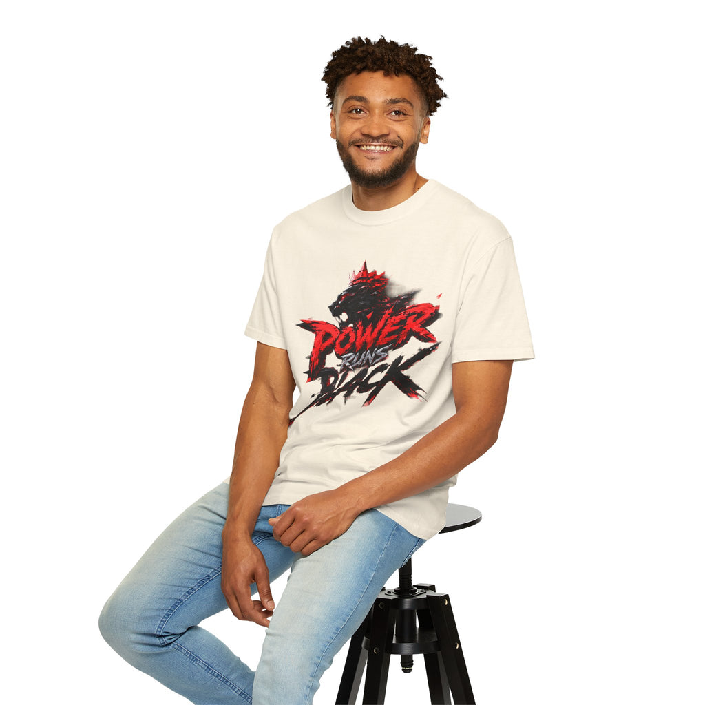 Power Runs Black T-shirt | Wolf Silhouette, Red Black Graphic Tee by Power Runs Black