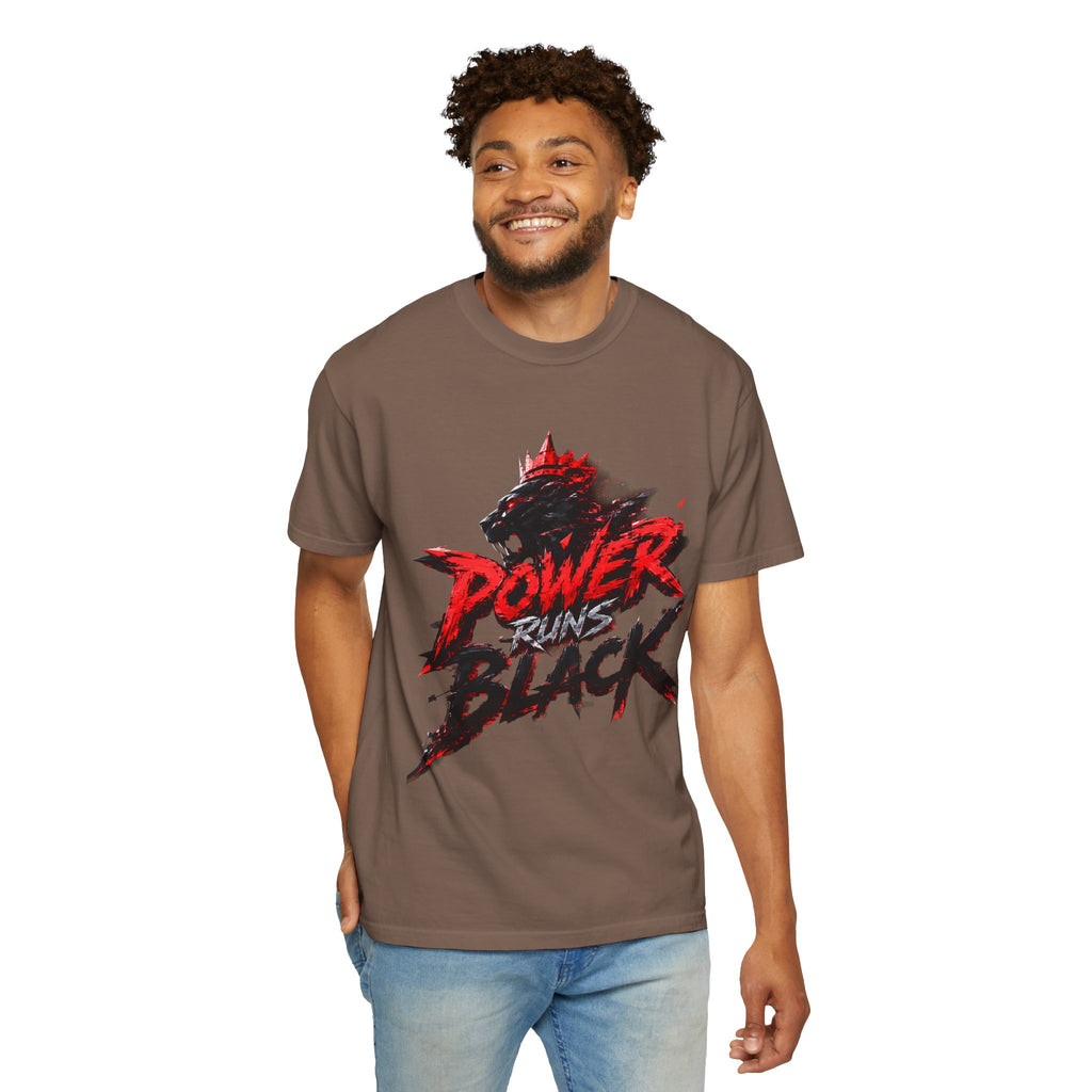 Power Runs Black T-shirt | Wolf Silhouette, Red Black Graphic Tee by Power Runs Black