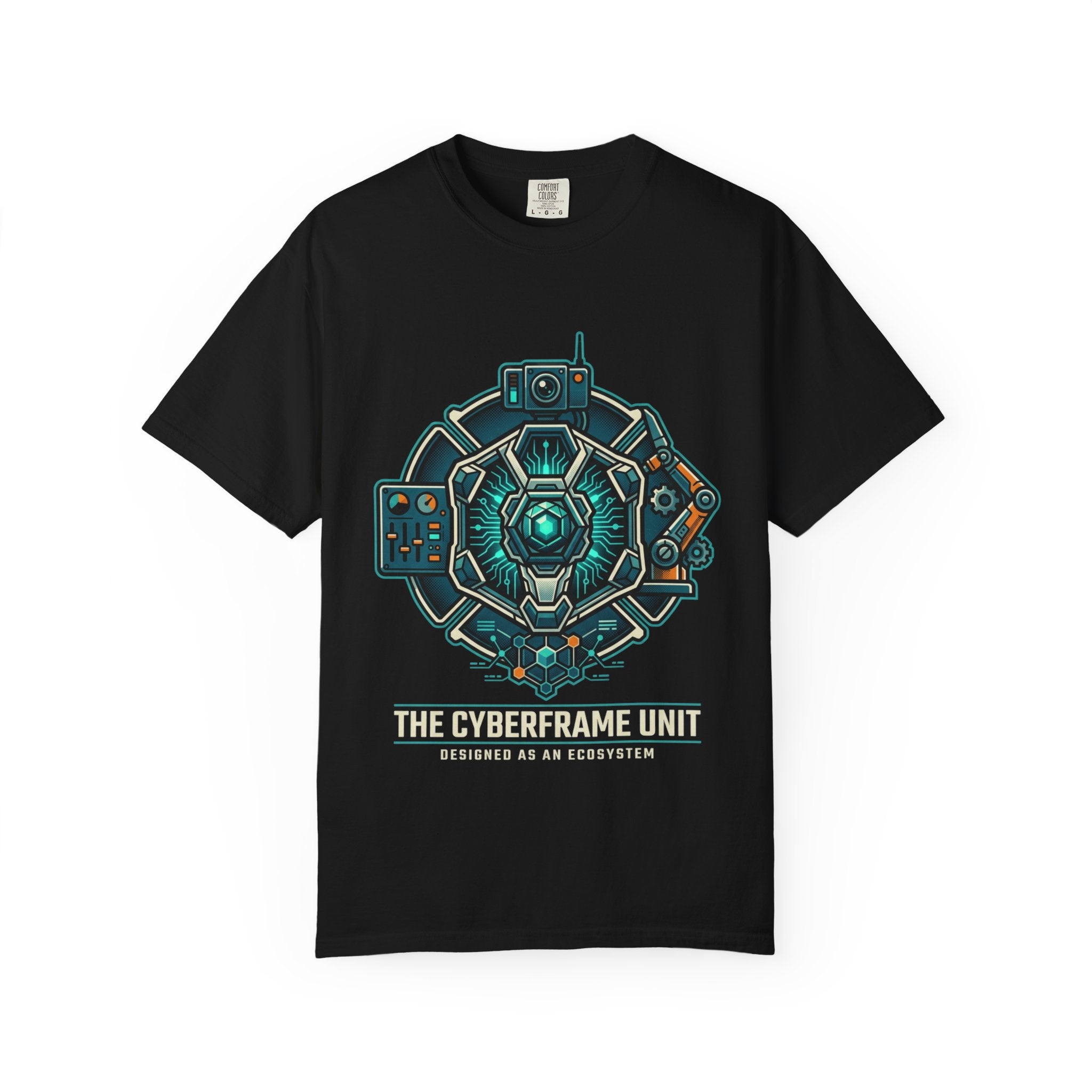 Power Runs Black Cyberframe Unit T-Shirt — Futuristic Tech Armor Graphic Tee by Power Runs Black