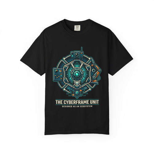 Power Runs Black Cyberframe Unit T-Shirt — Futuristic Tech Armor Graphic Tee by Power Runs Black