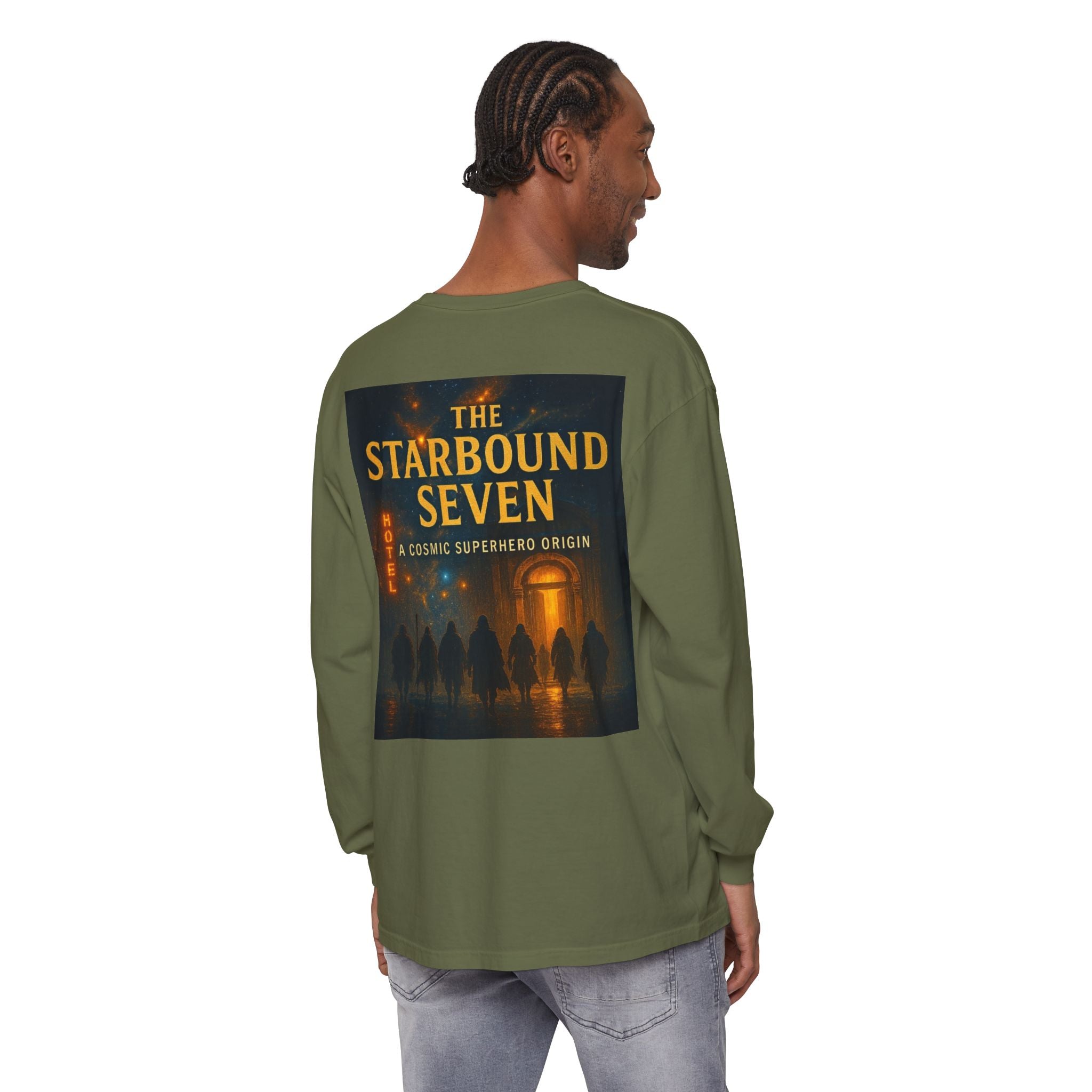 PRB The Starbound Seven graphic long sleeve shirt | cosmic superhero poster by Power Runs Black