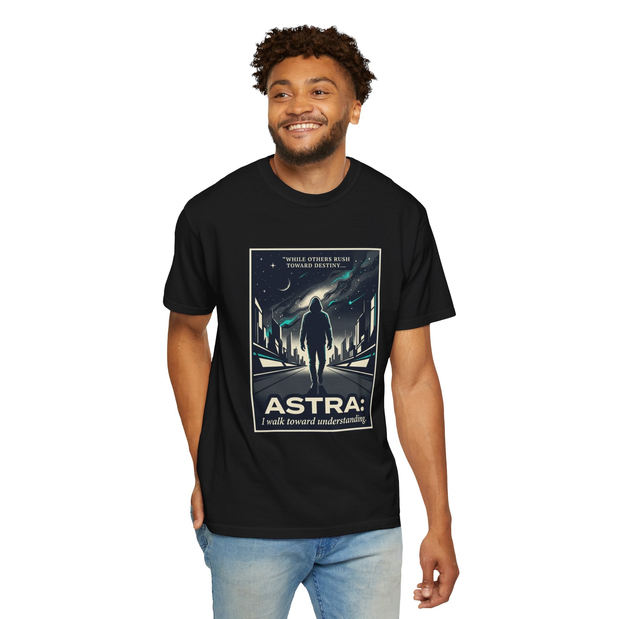 Power Runs Black Astra Sci‑Fi Graphic T-Shirt — "I walk toward understanding" Poster Design by Power Runs Black