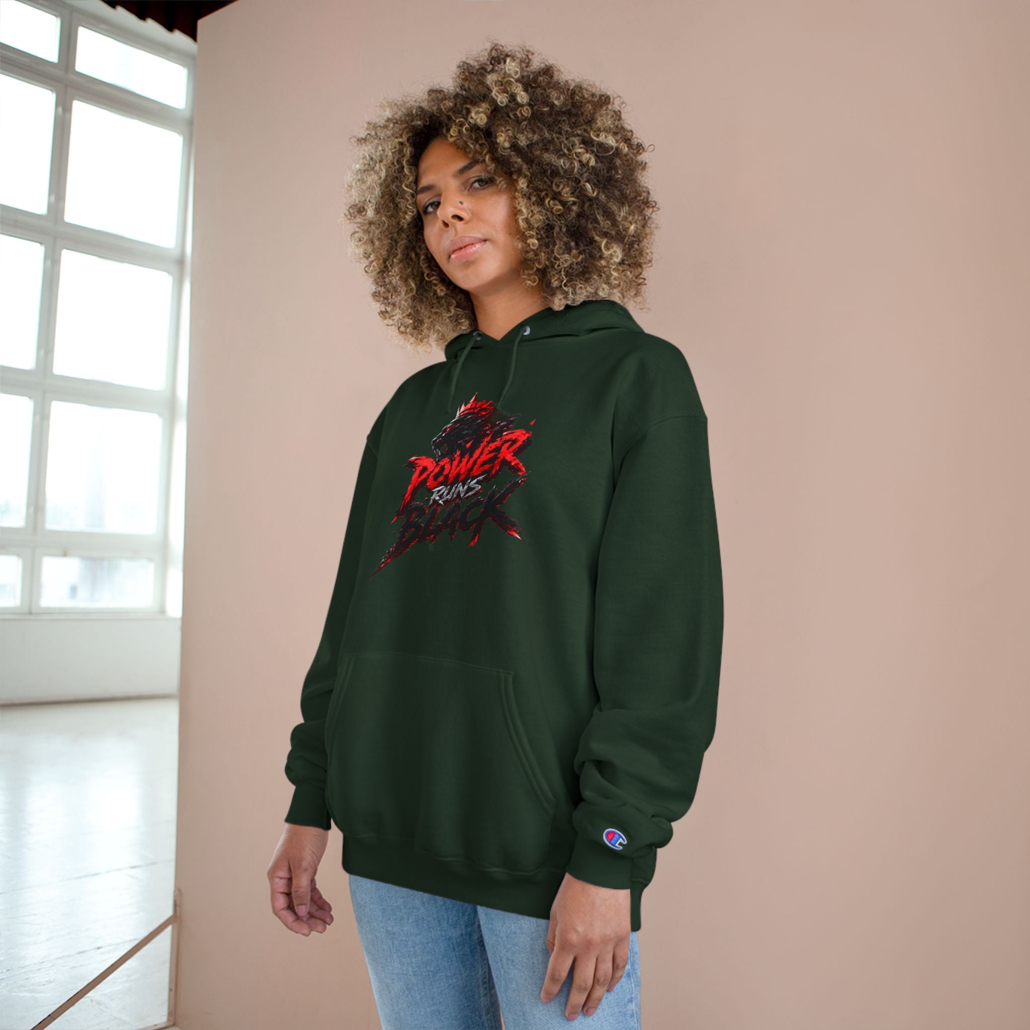 Power Runs Black logo hoodie | Flame crest design by Power Runs Black