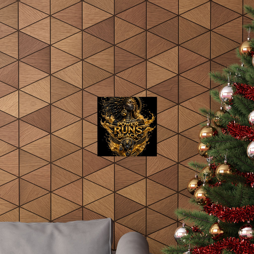 Power Runs Black Matte Poster — Afrocentric Gold Goddess Wall Art by Power Runs Black