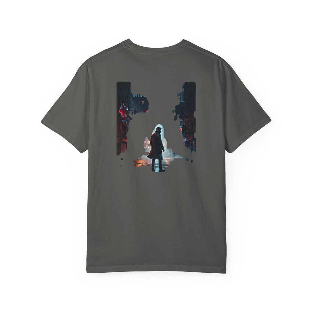 Syndication Loop Cyberpunk Portrait Tee — Tech-Noir Graphic T-Shirt | Power Runs Black by Printify