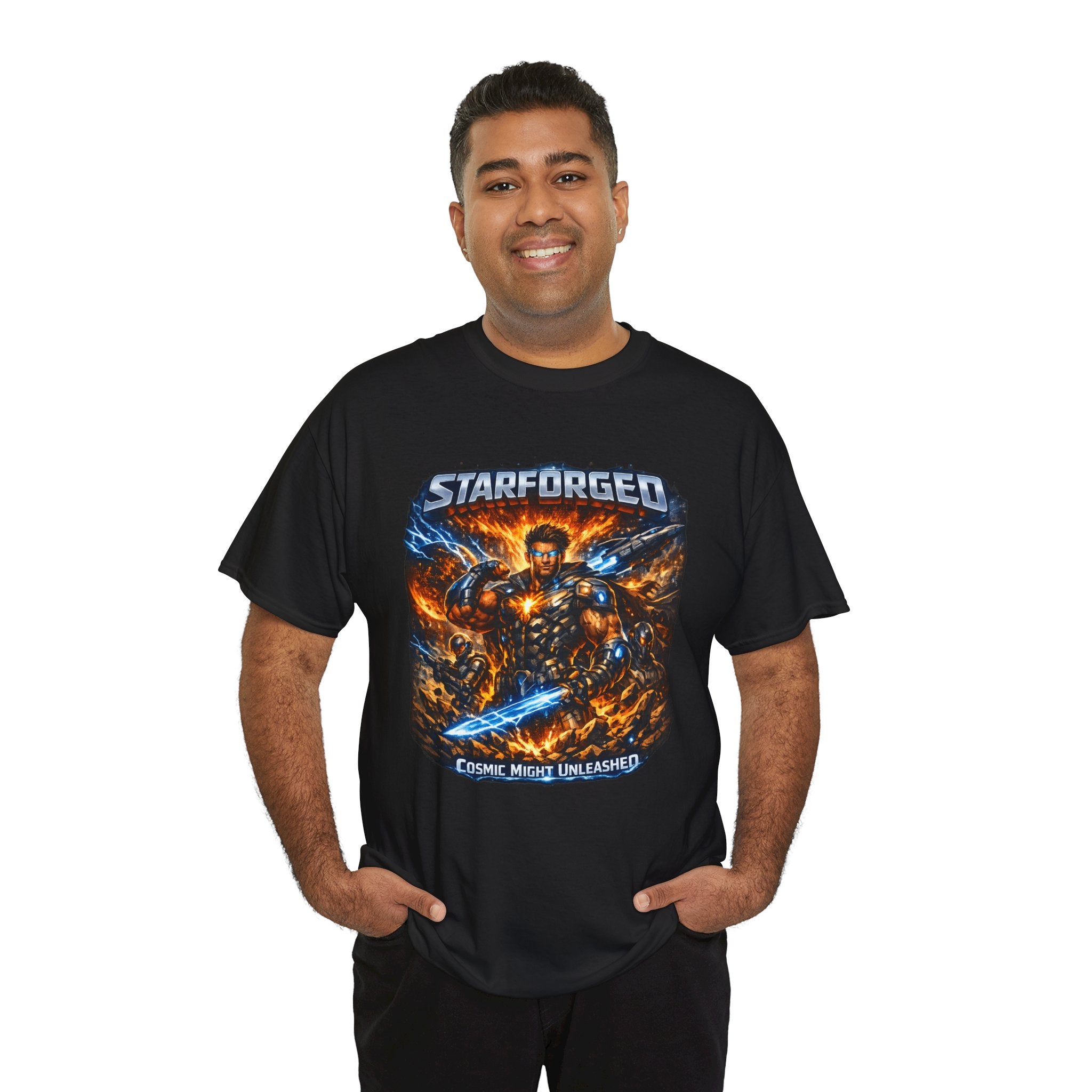 Power Runs Black PRB Starforged Sci‑Fi Graphic Tee (“Cosmic Metal Unleashed”) by Printify