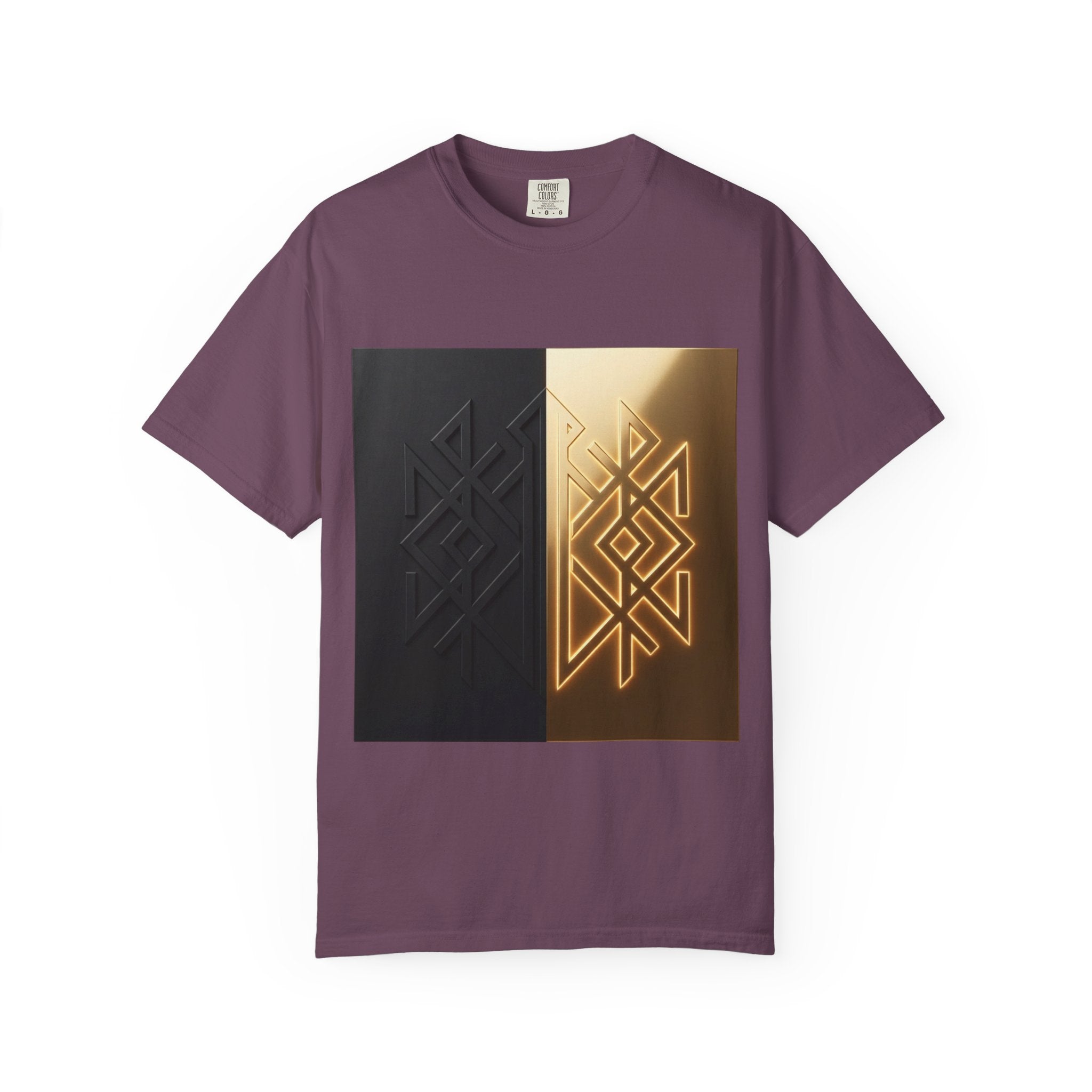 Power Runs Black PRB Geometric Split Glow T-Shirt — Black & Gold Tribal Diamond Graphic by Power Runs Black