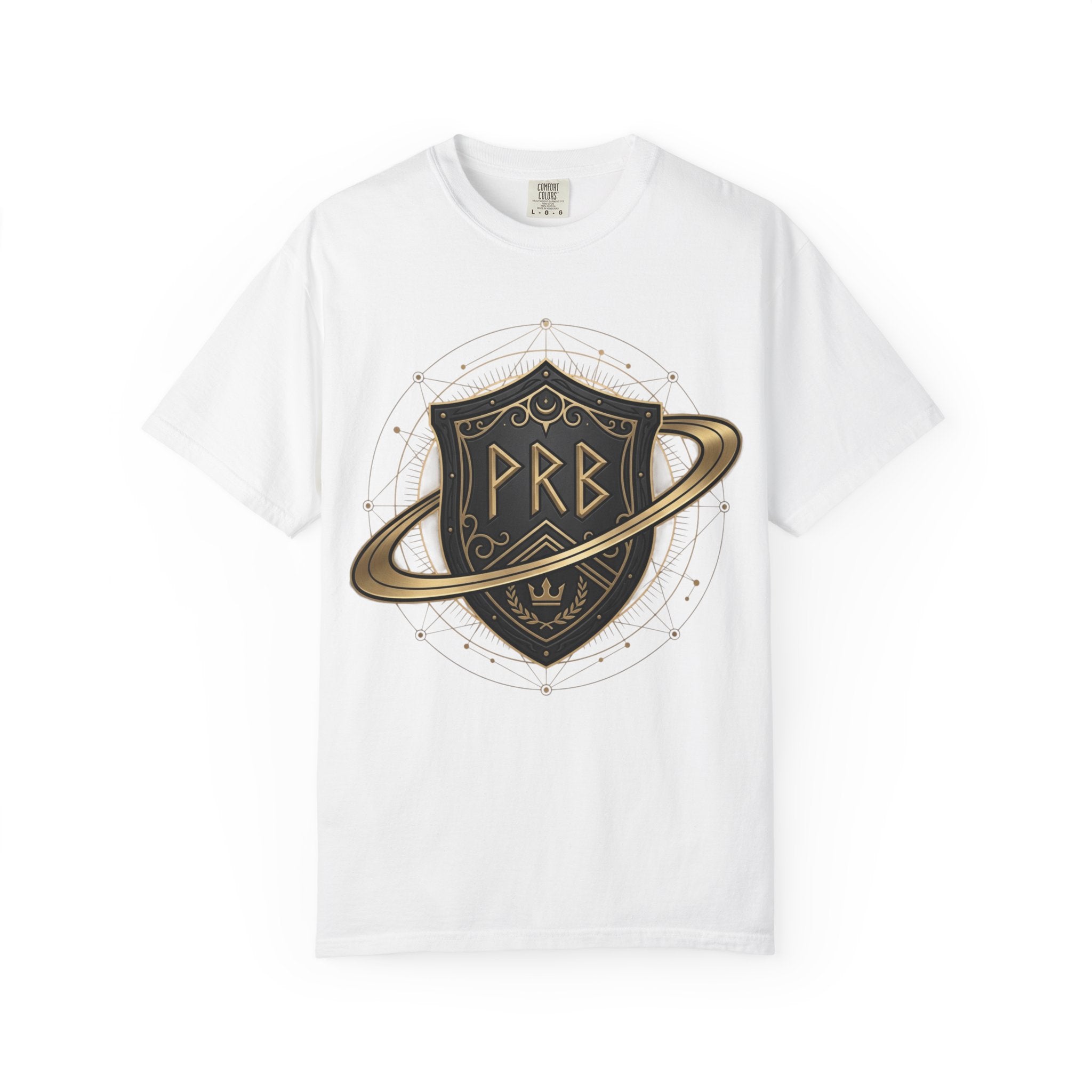 Power Runs Black Astral Crest Shield PRB T-Shirt | Saturn Ring Emblem, Gothic Heraldry by Printify