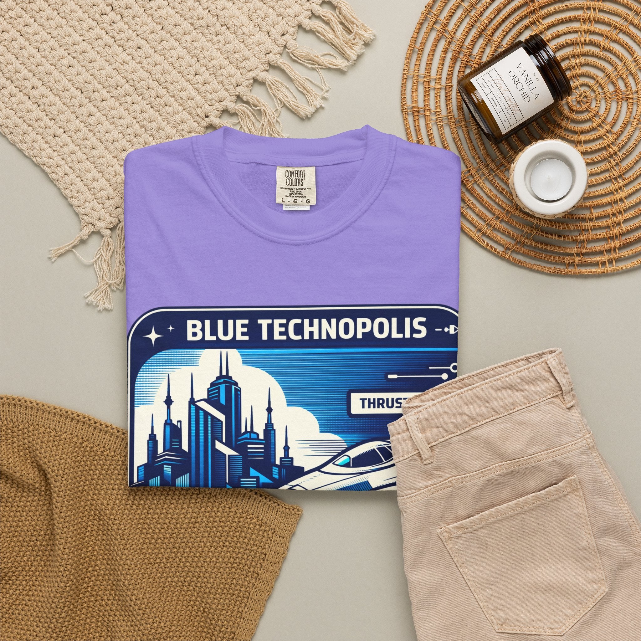 Power Runs Black PRB Technopolis Spacecraft T-Shirt — Blue Technopolis Retro Sci‑Fi Tee by Printify