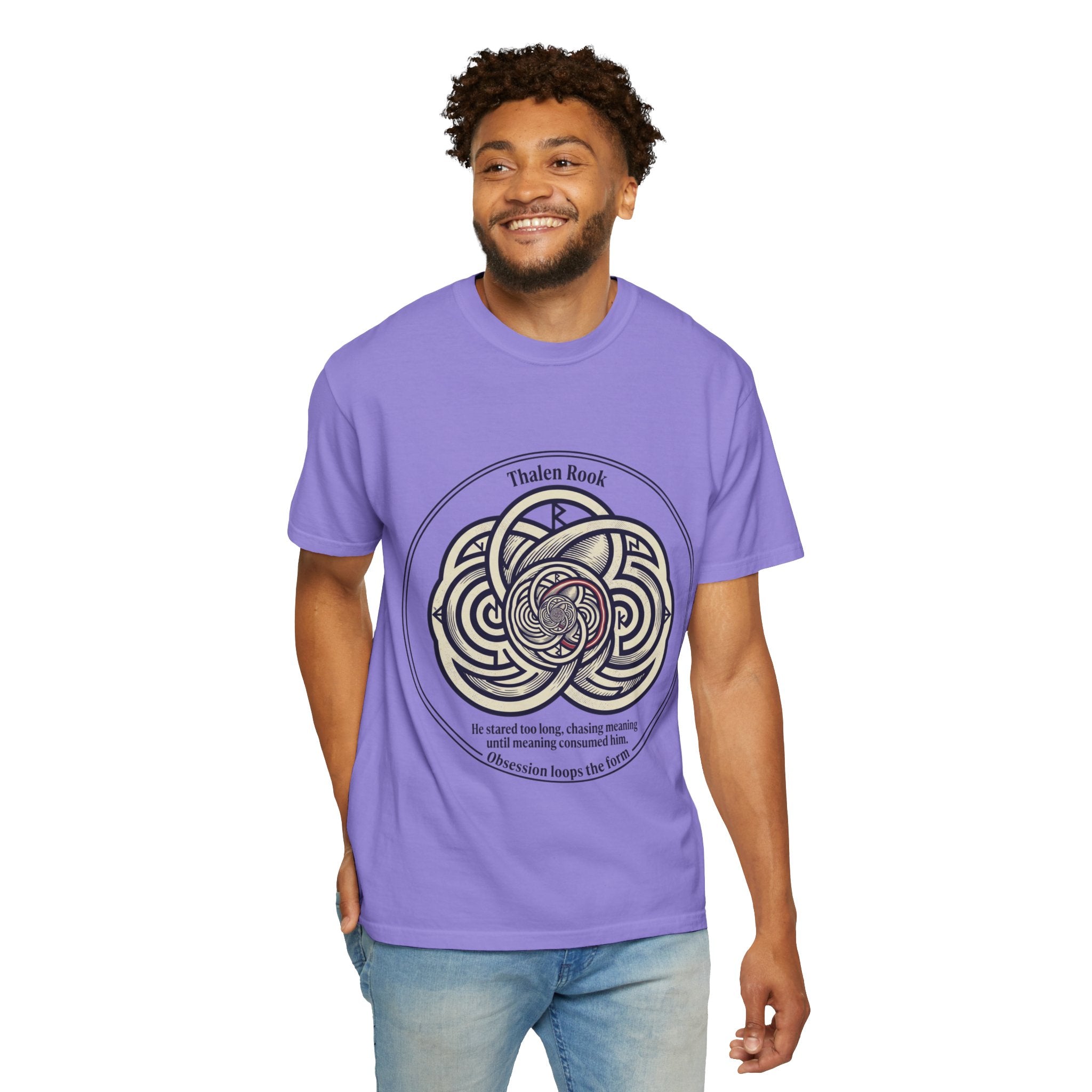 Power Runs Black PRB Thalen Rook Celtic Knot Graphic T-Shirt — "He stared too long..." Quote Tee by Printify
