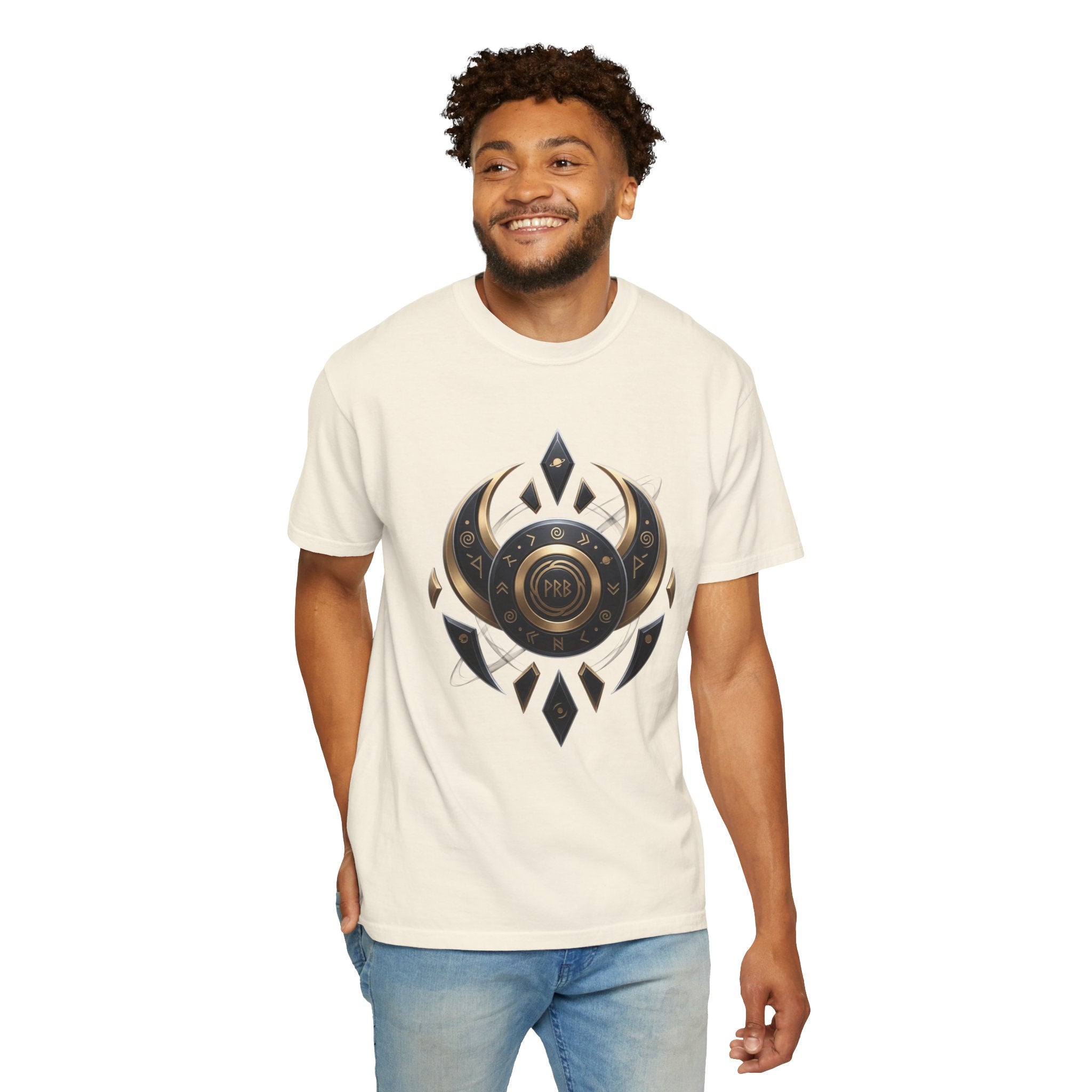 Power Runs Black Mystic Compass Disc T-Shirt — Geometric Gold & Black Emblem Tee by Printify