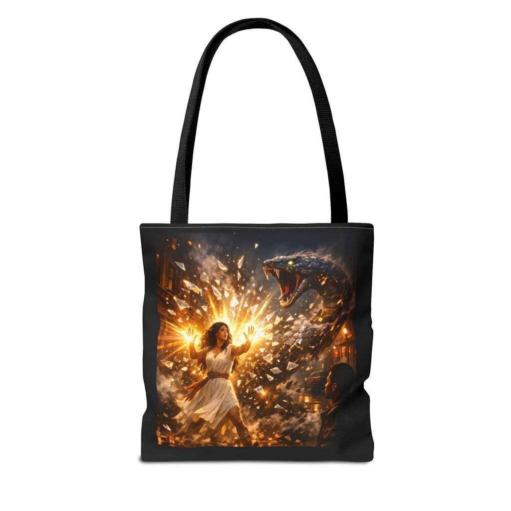 PRB Raging Serpent Burst tote bag | Fantasy serpent explosion art by Power Runs Black