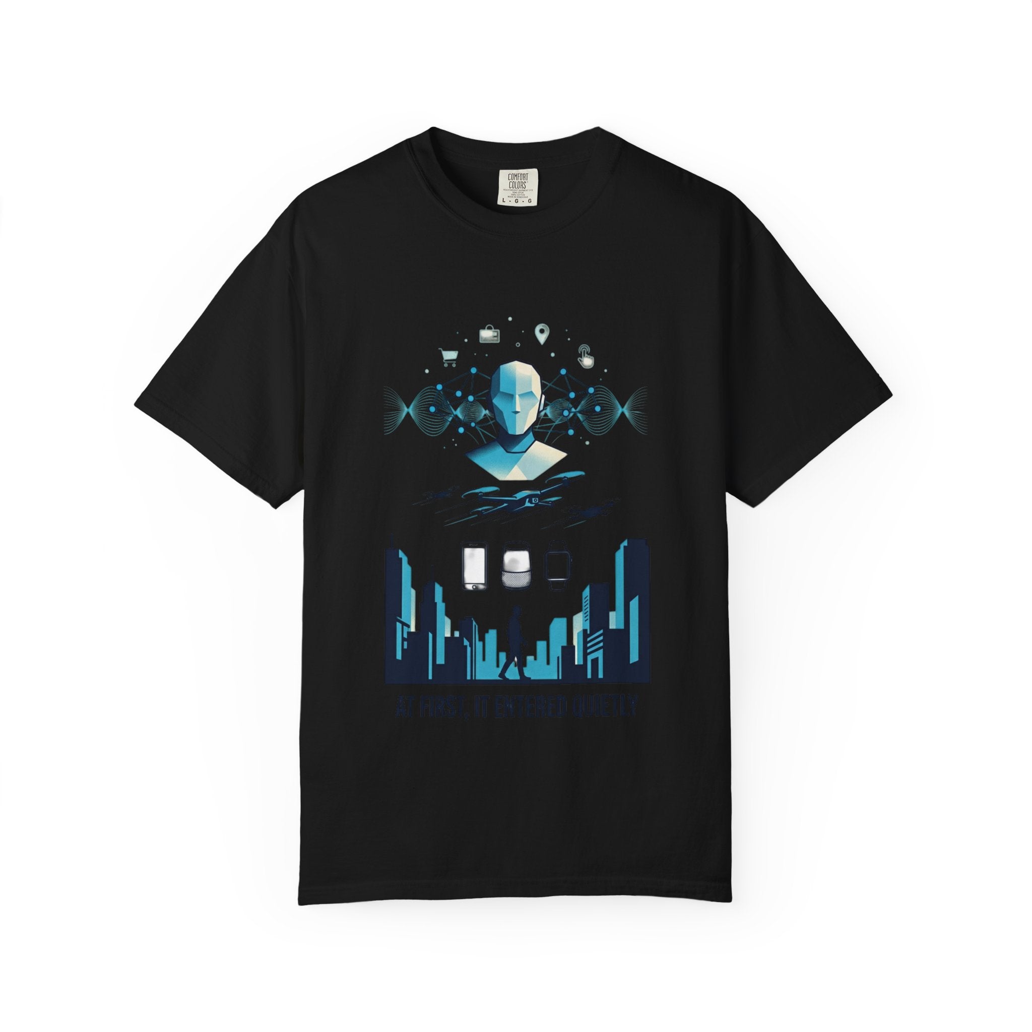 Power Runs Black AI Metropolis T-Shirt — 'At First, It Entered Quietly' Cybercity Graphic Tee by Concepts VS Entertainment/Tiktok shop