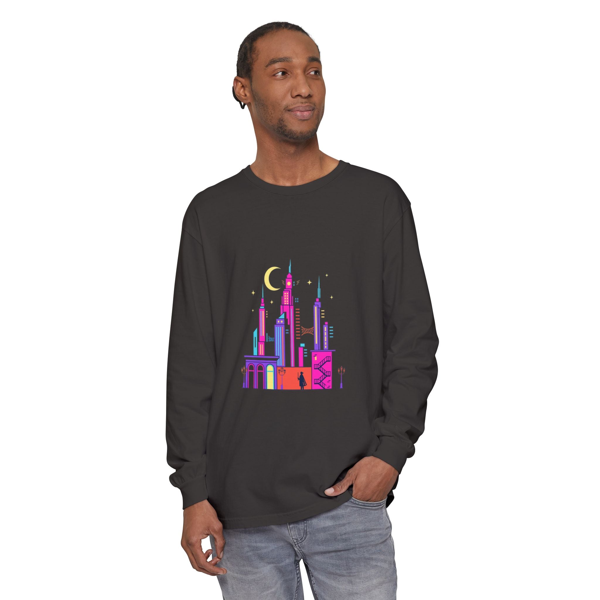 PRB Neon City Skyline Long Sleeve Shirt | Urban Nightscape Illustration by Power Runs Black