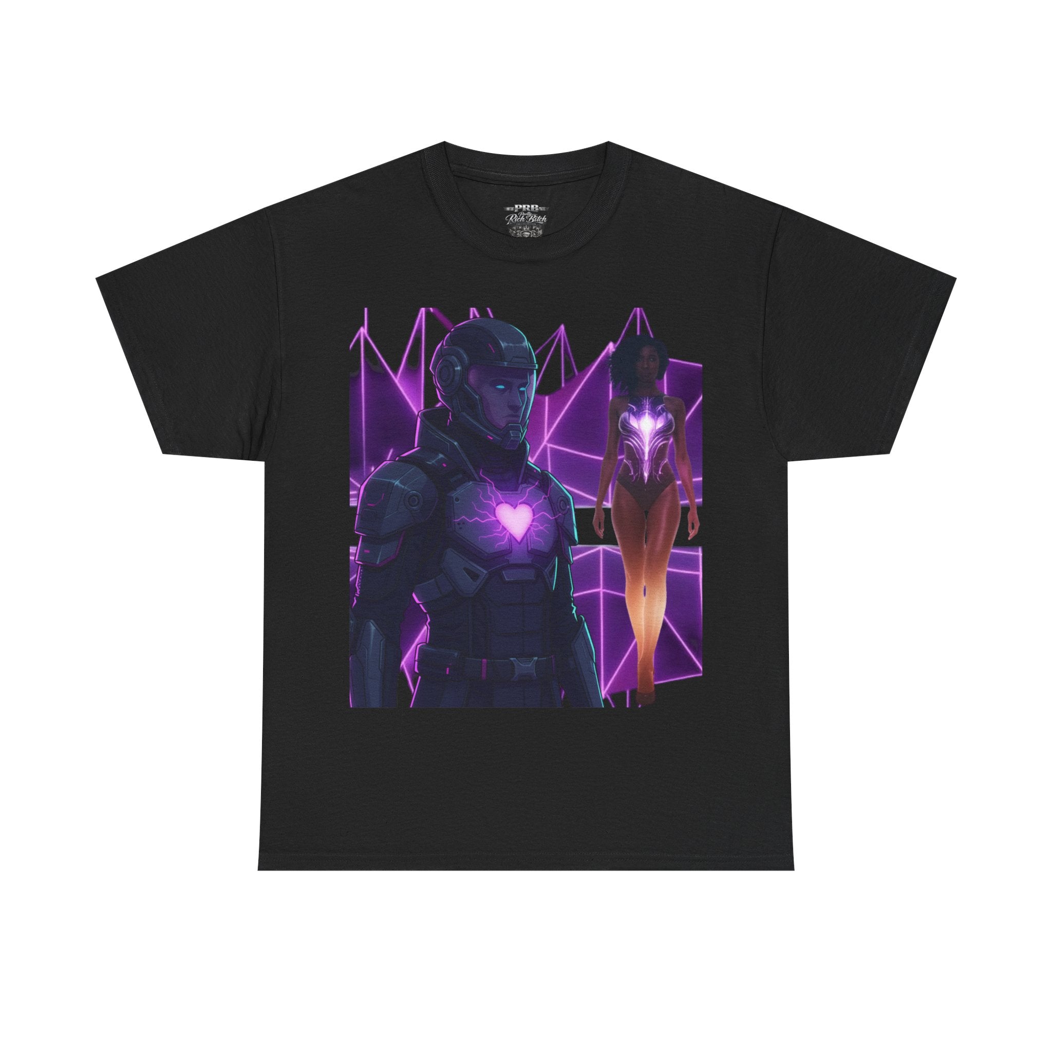 Power Run Black PRB Pretty Rich Bitch The Collection Purple Heart Cyberpunk Knight T-Shirt | Futuristic Armor Sci‑Fi Tee by Printify