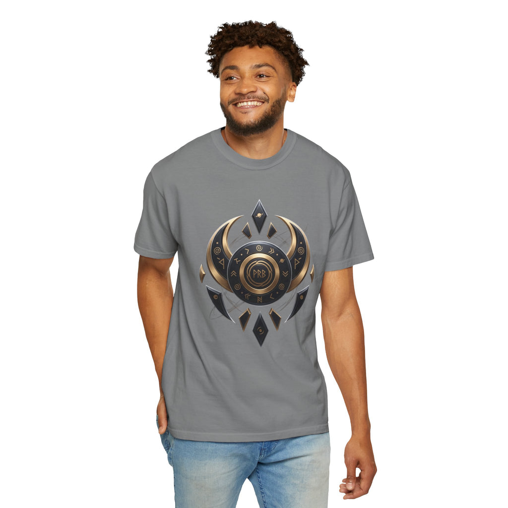 Power Runs Black Mystic Compass Disc T-Shirt — Geometric Gold & Black Emblem Tee by Printify